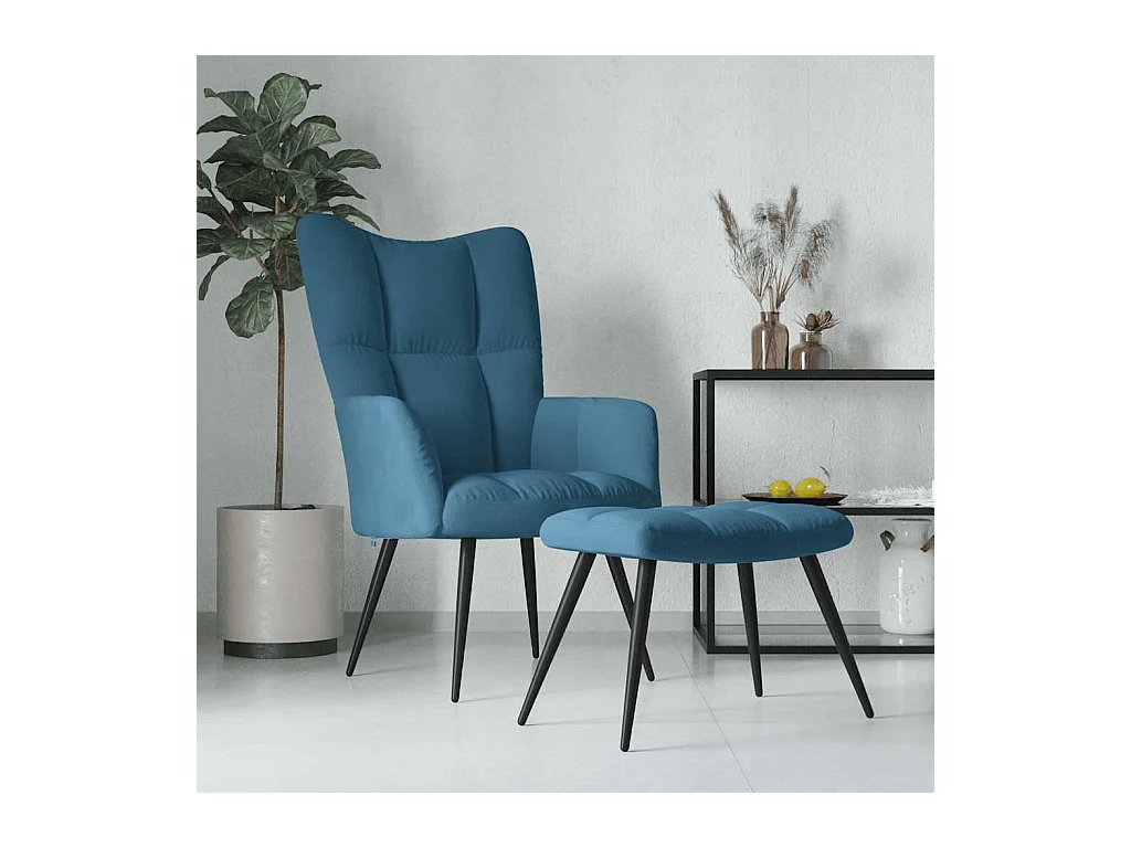 Chaise de relaxation avec tabouret Bleu Velours