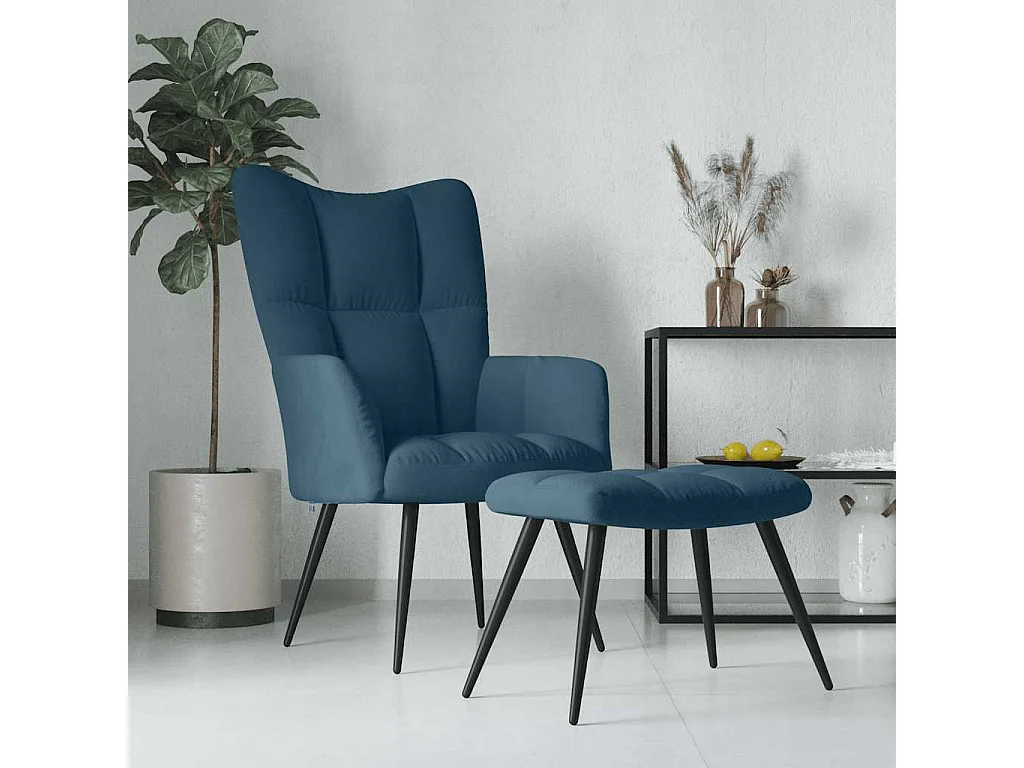 Chaise de relaxation avec tabouret Bleu Velours