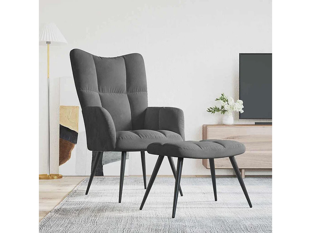 Chaise de relaxation avec tabouret Gris foncé Velours