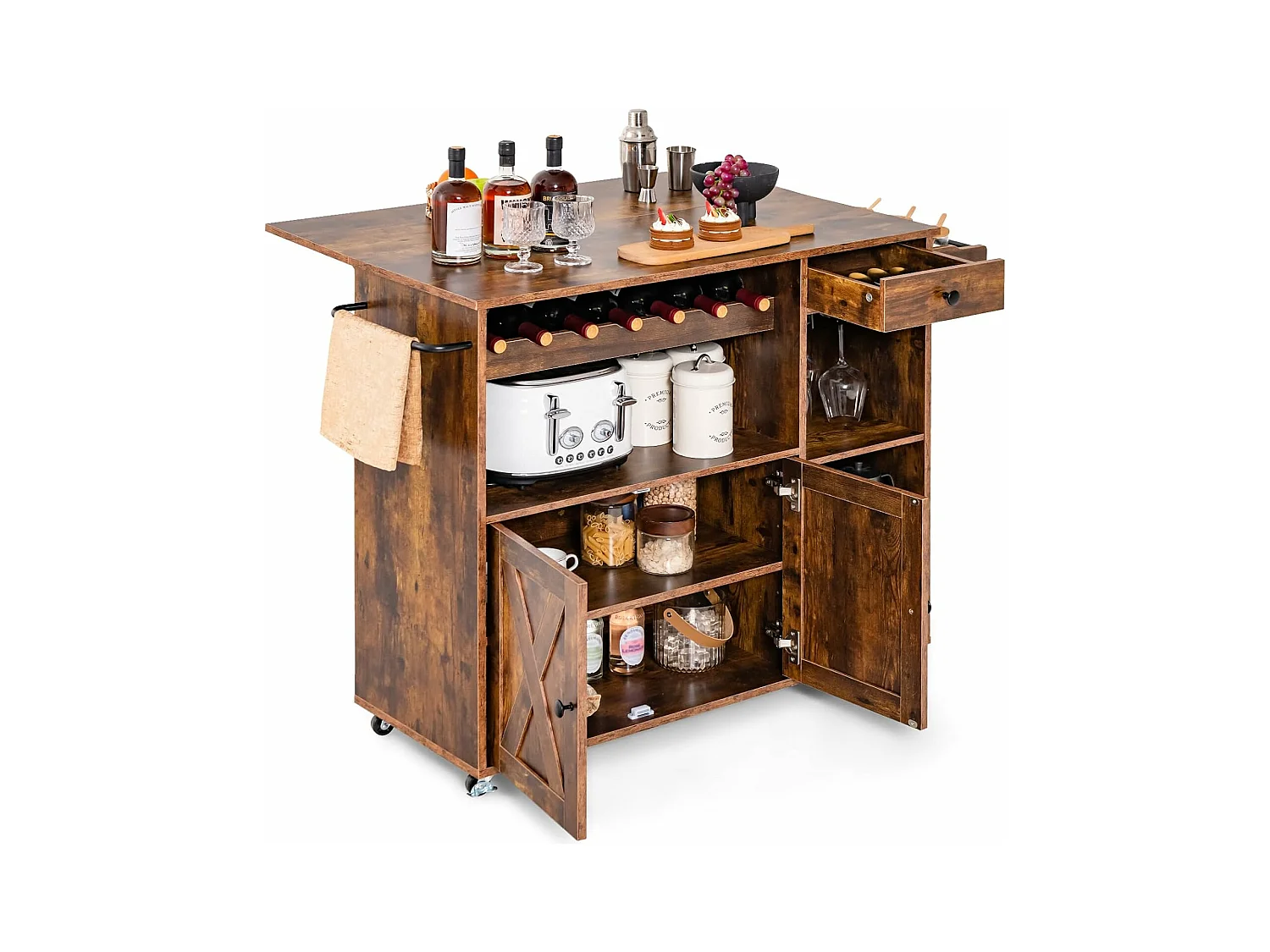 Industriële rolwagen, houten keukeneilandwagen met neerklapbare werkbladen, wijnrek, verstelbare plankeneenheid, rustiek bruin