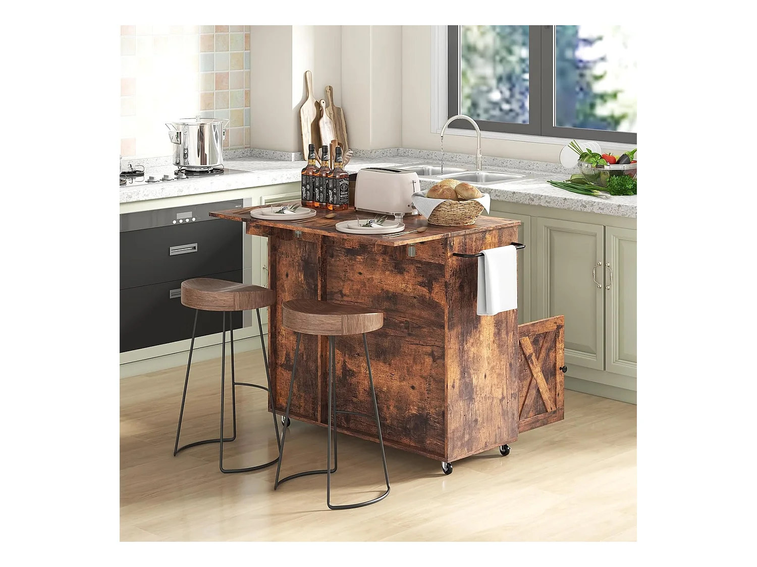 Industriële rolwagen, houten keukeneilandwagen met neerklapbare werkbladen, wijnrek, verstelbare plankeneenheid, rustiek bruin