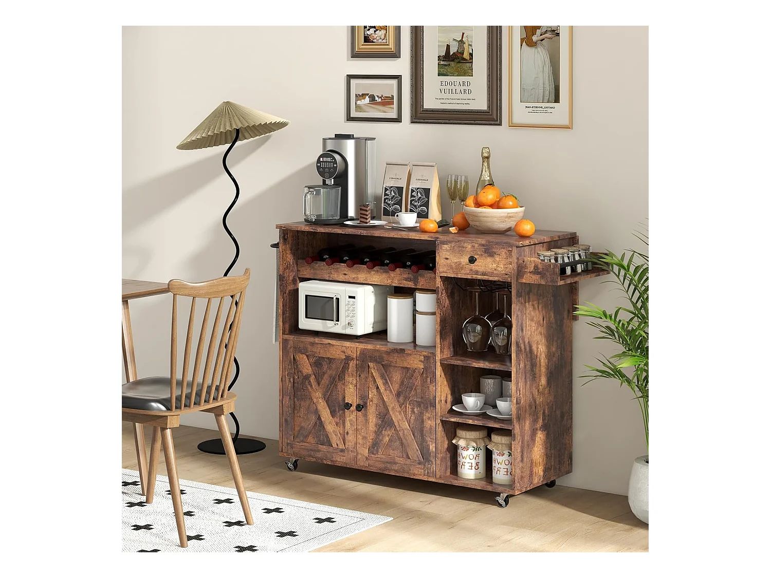 Industriële rolwagen, houten keukeneilandwagen met neerklapbare werkbladen, wijnrek, verstelbare plankeneenheid, rustiek bruin