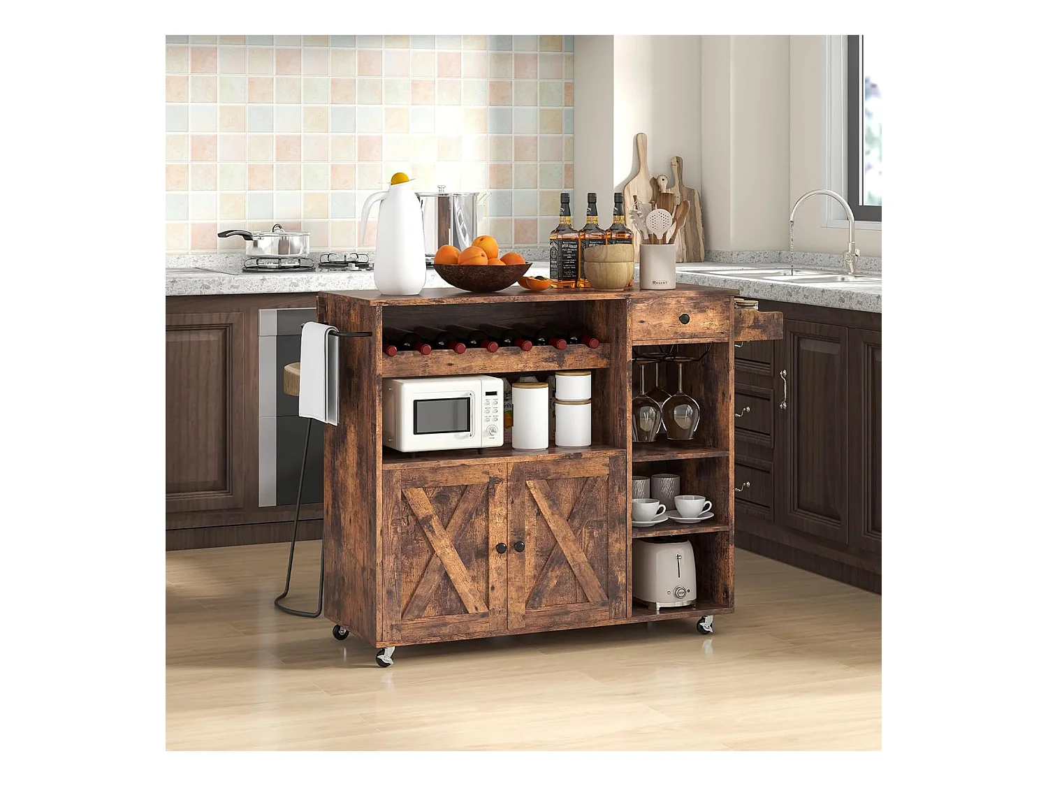 Industriële rolwagen, houten keukeneilandwagen met neerklapbare werkbladen, wijnrek, verstelbare plankeneenheid, rustiek bruin
