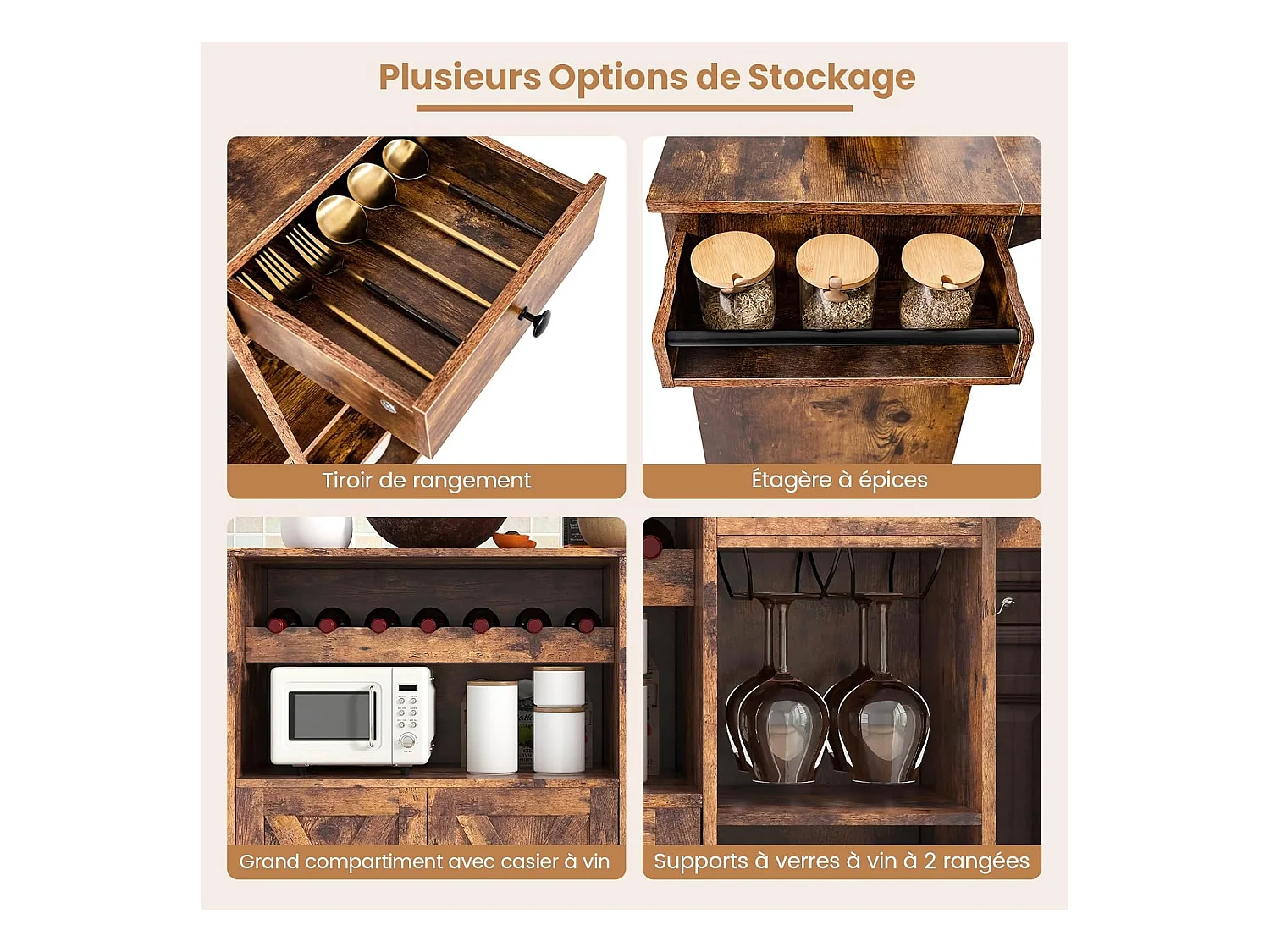 Industriële rolwagen, houten keukeneilandwagen met neerklapbare werkbladen, wijnrek, verstelbare plankeneenheid, rustiek bruin