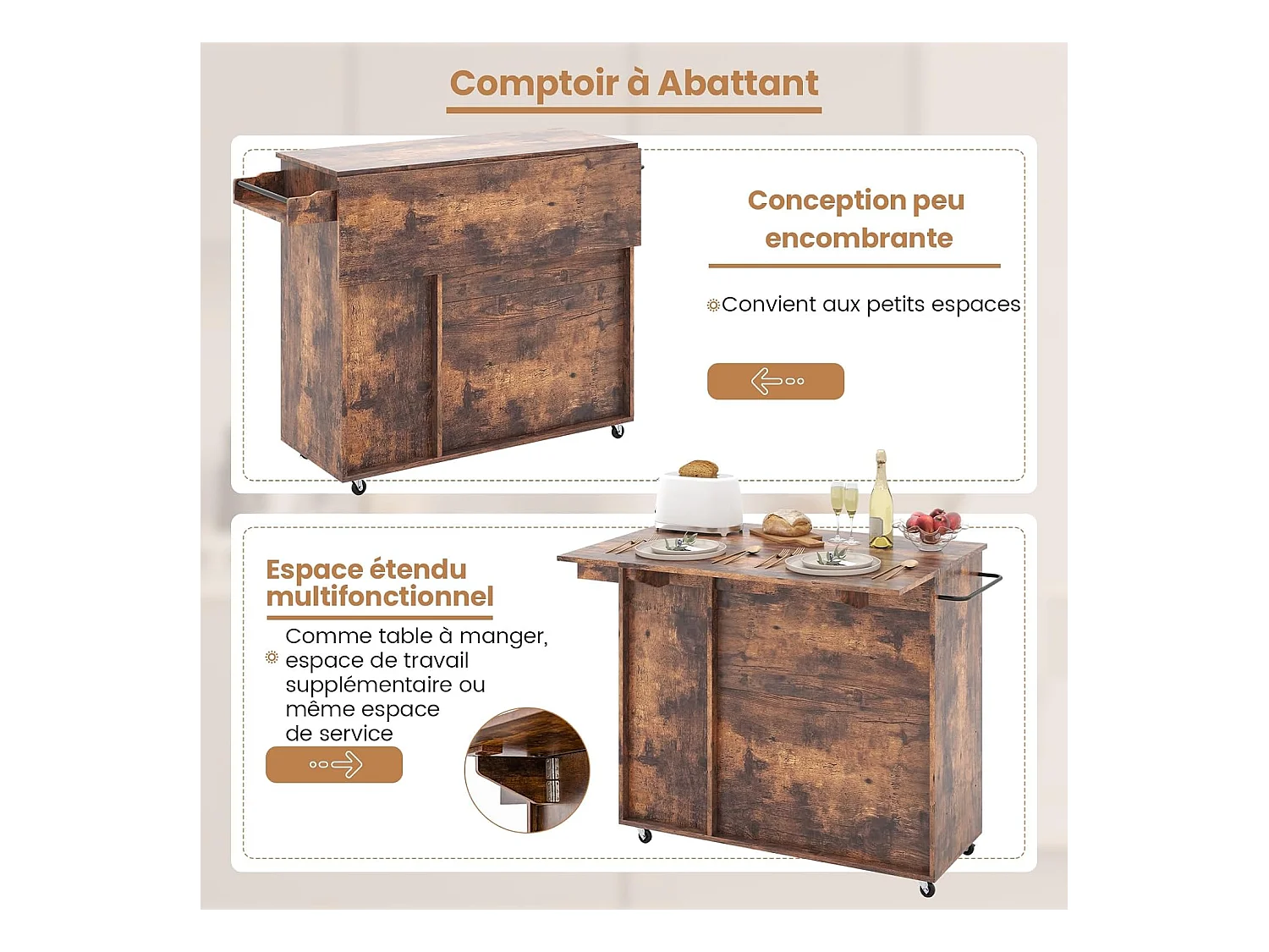 Industriële rolwagen, houten keukeneilandwagen met neerklapbare werkbladen, wijnrek, verstelbare plankeneenheid, rustiek bruin