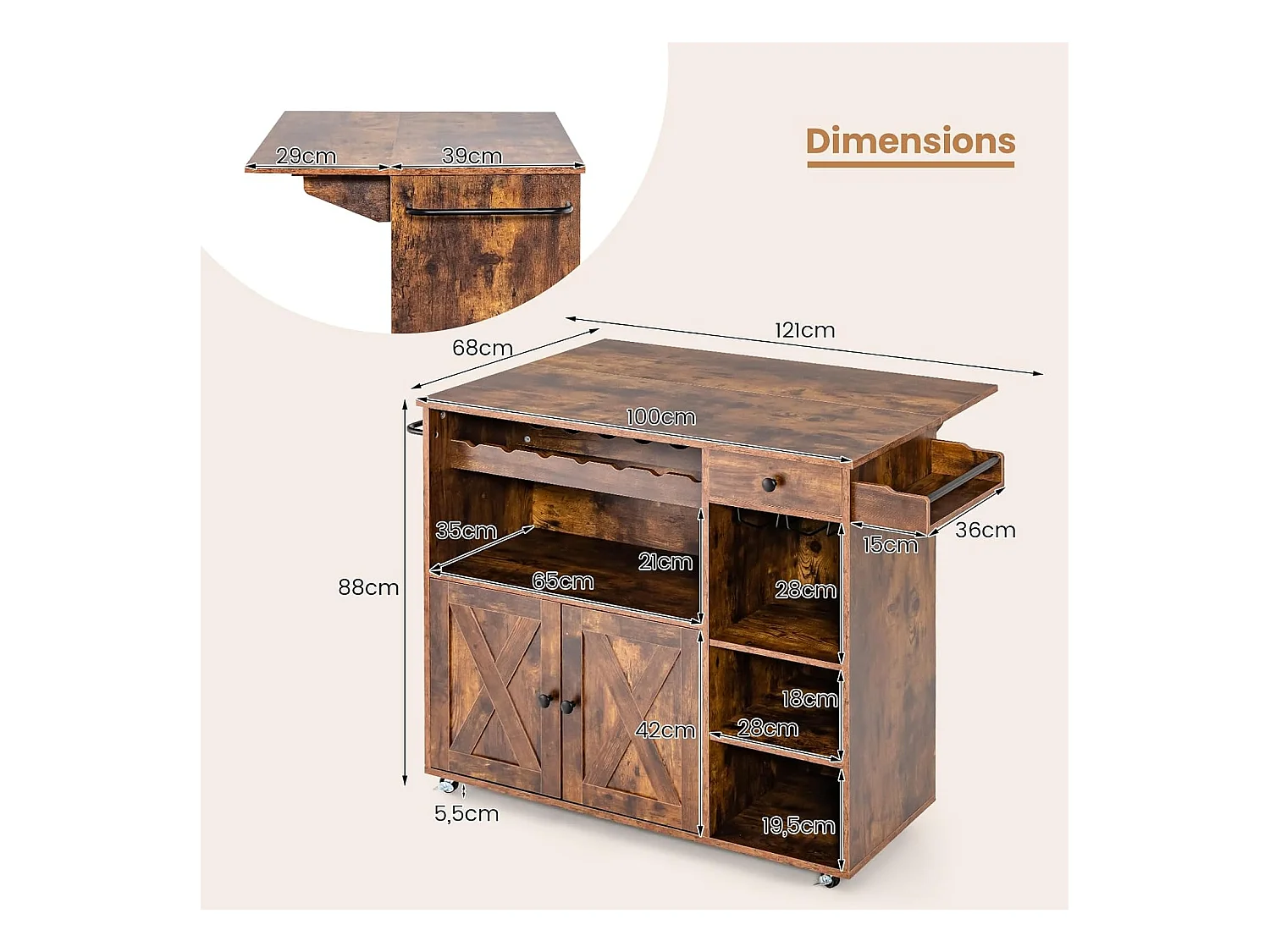 Industriële rolwagen, houten keukeneilandwagen met neerklapbare werkbladen, wijnrek, verstelbare plankeneenheid, rustiek bruin