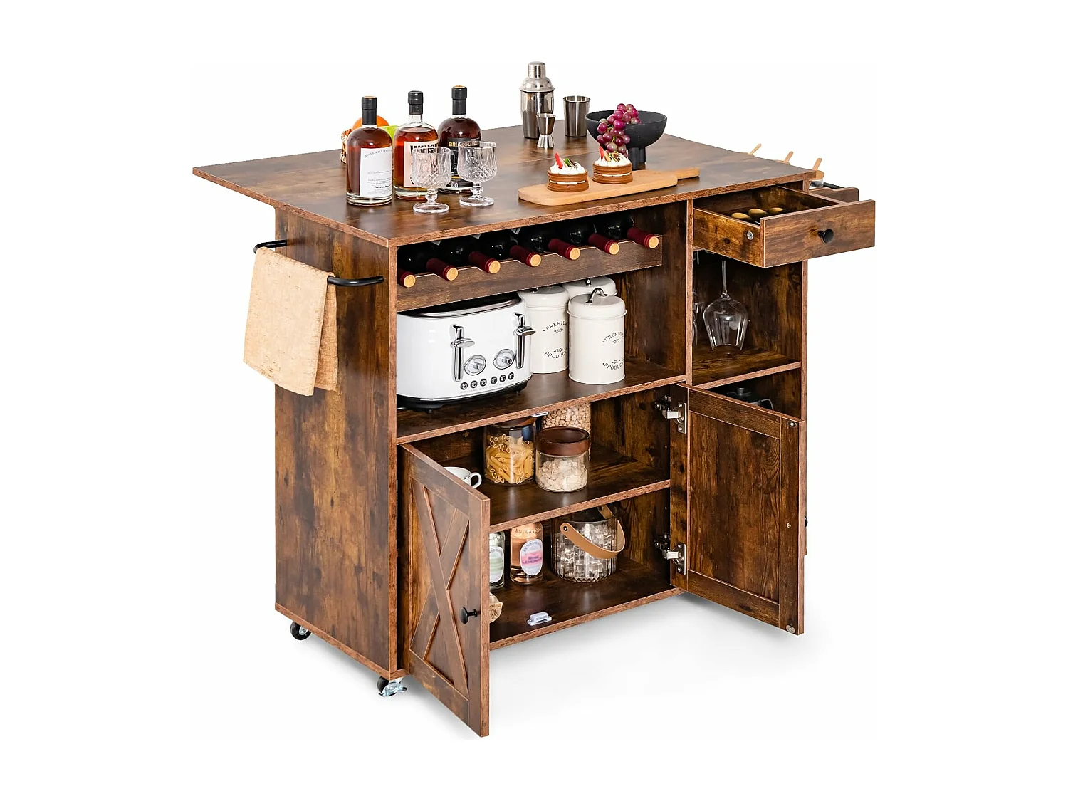 Desserte sur roulettes Industriel, Chariot d’îlot de Cuisine en Bois avec Plans de Travail Rabattable, Casier à Vin, Placard Étagère Réglables, Marron Rustique