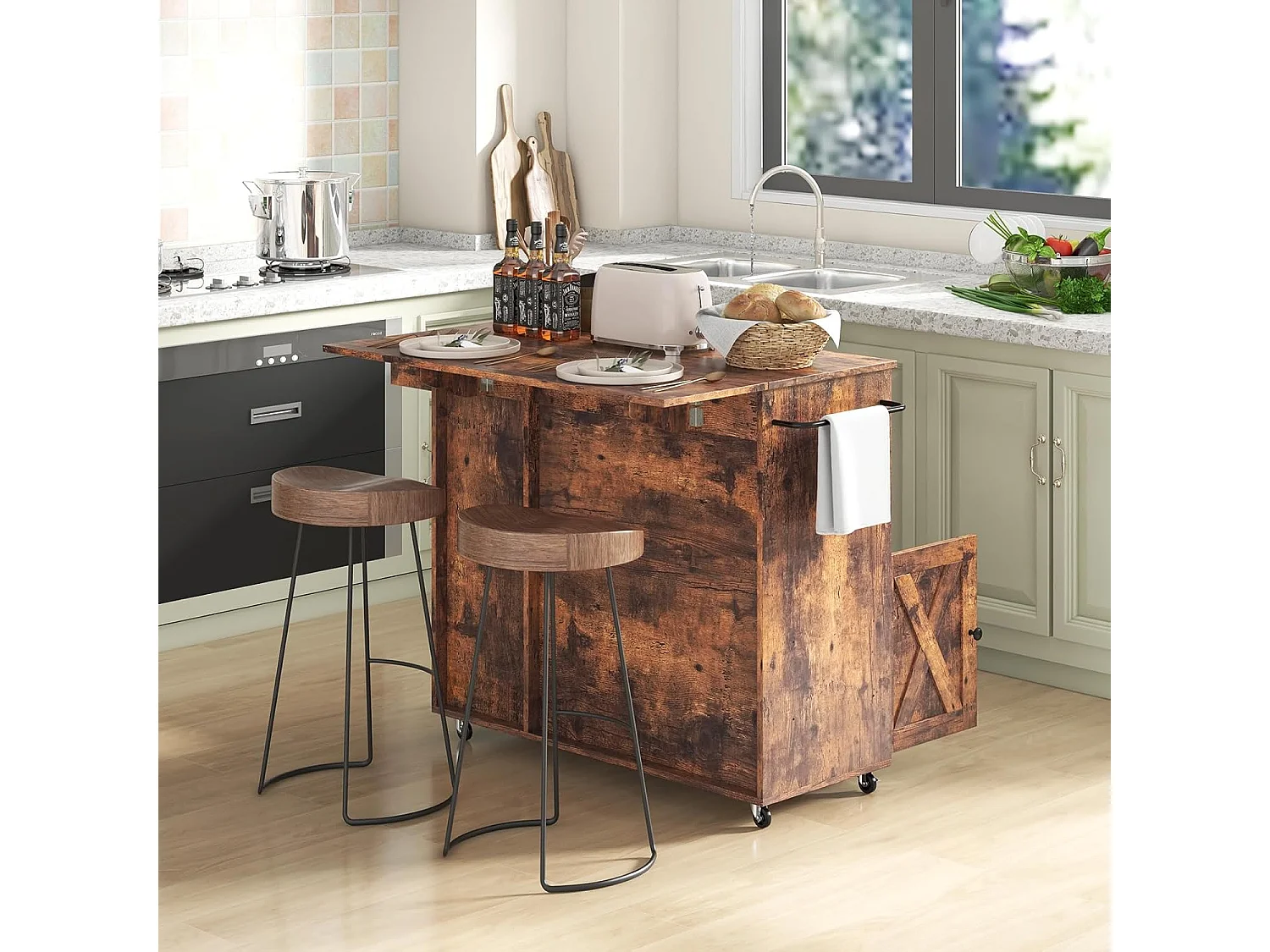 Desserte sur roulettes Industriel, Chariot d’îlot de Cuisine en Bois avec Plans de Travail Rabattable, Casier à Vin, Placard Étagère Réglables, Marron Rustique