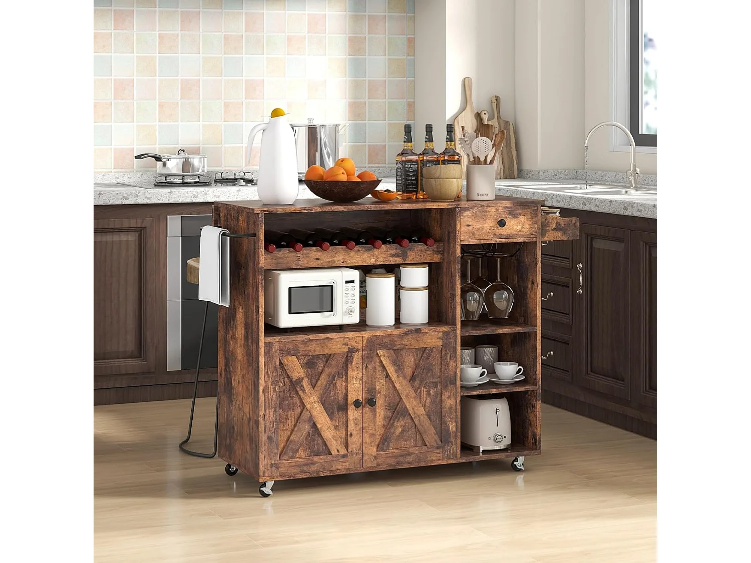 Desserte sur roulettes Industriel, Chariot d’îlot de Cuisine en Bois avec Plans de Travail Rabattable, Casier à Vin, Placard Étagère Réglables, Marron Rustique