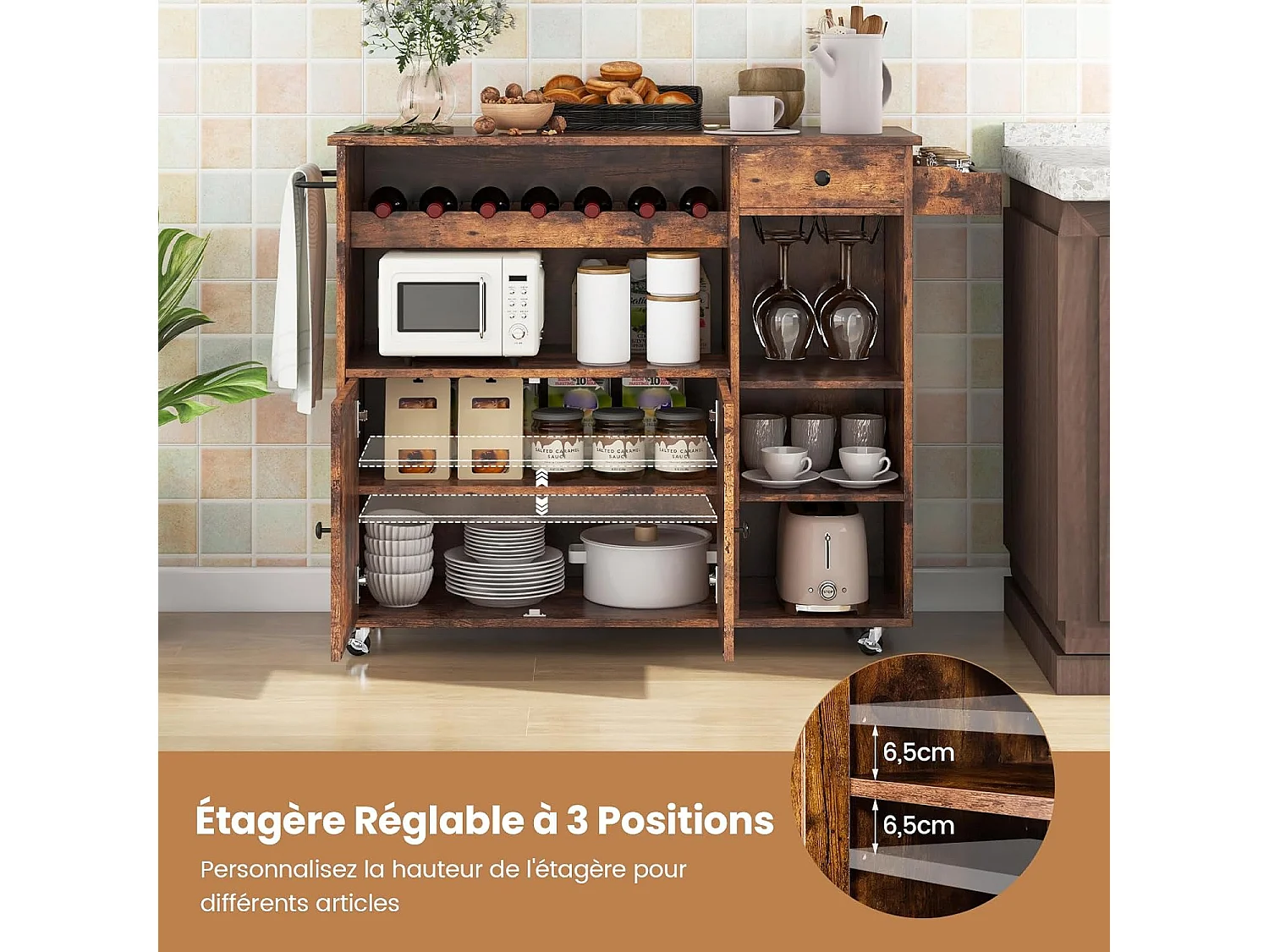 Desserte sur roulettes Industriel, Chariot d’îlot de Cuisine en Bois avec Plans de Travail Rabattable, Casier à Vin, Placard Étagère Réglables, Marron Rustique