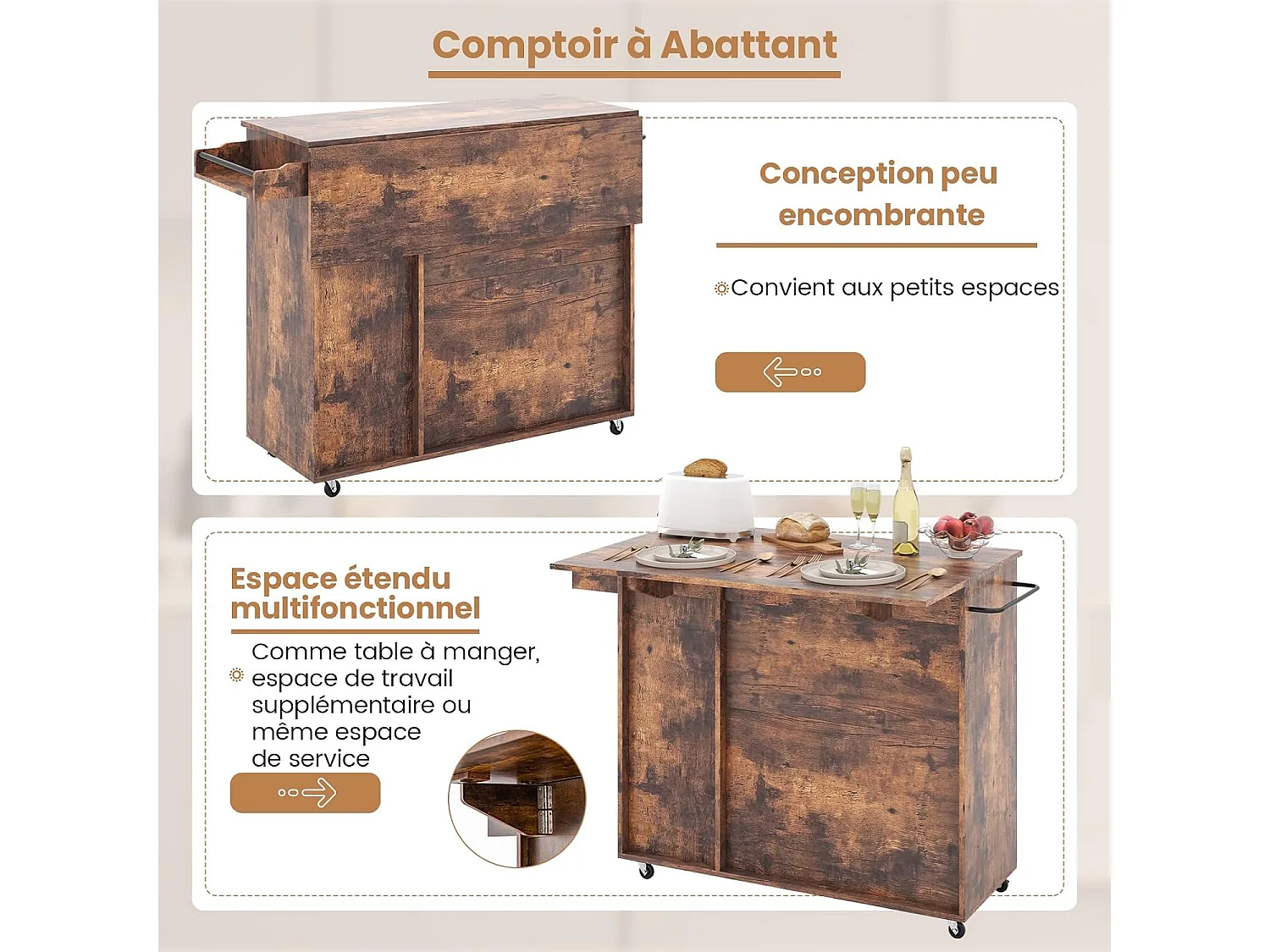 Desserte sur roulettes Industriel, Chariot d’îlot de Cuisine en Bois avec Plans de Travail Rabattable, Casier à Vin, Placard Étagère Réglables, Marron Rustique