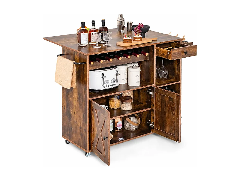 Desserte sur roulettes Industriel, Chariot d’îlot de Cuisine en Bois avec Plans de Travail Rabattable, Casier à Vin, Placard Étagère Réglables, Marron Rustique