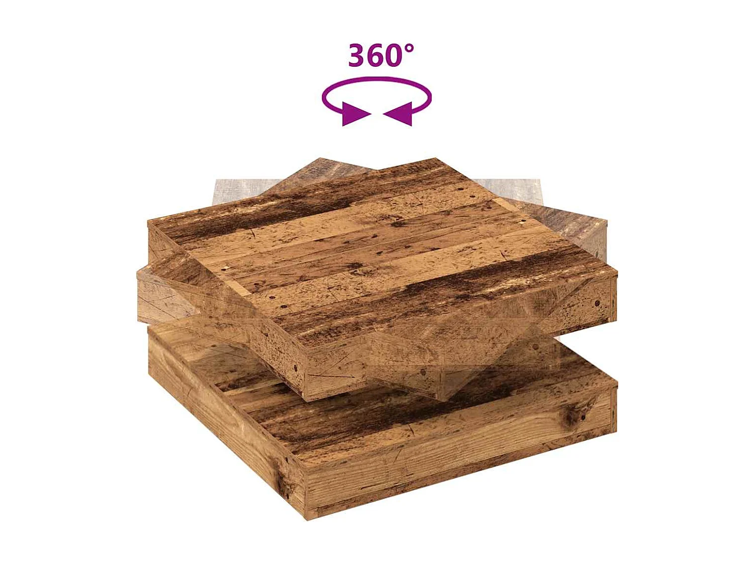 Table basse rotative à 360 degrés vieux bois 70x70x34,5 cm