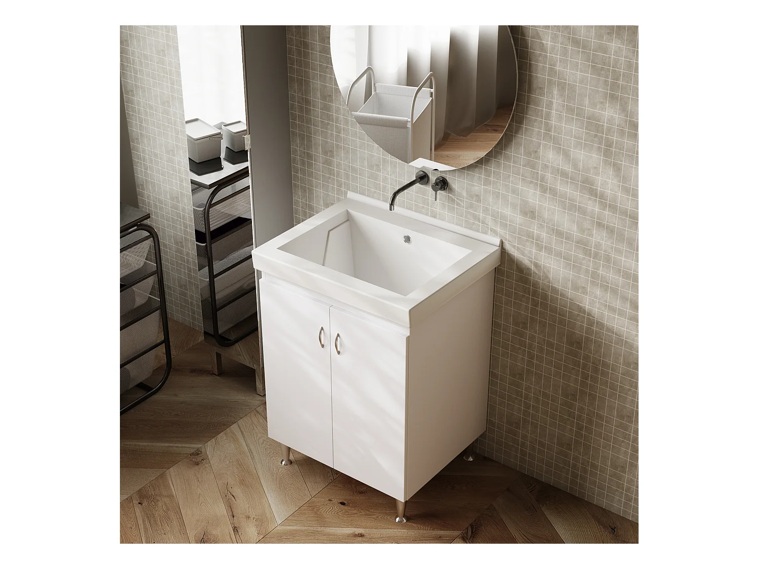 Mobile lavatoio bianco con vasca in ceramica 63X51 - Dyma
