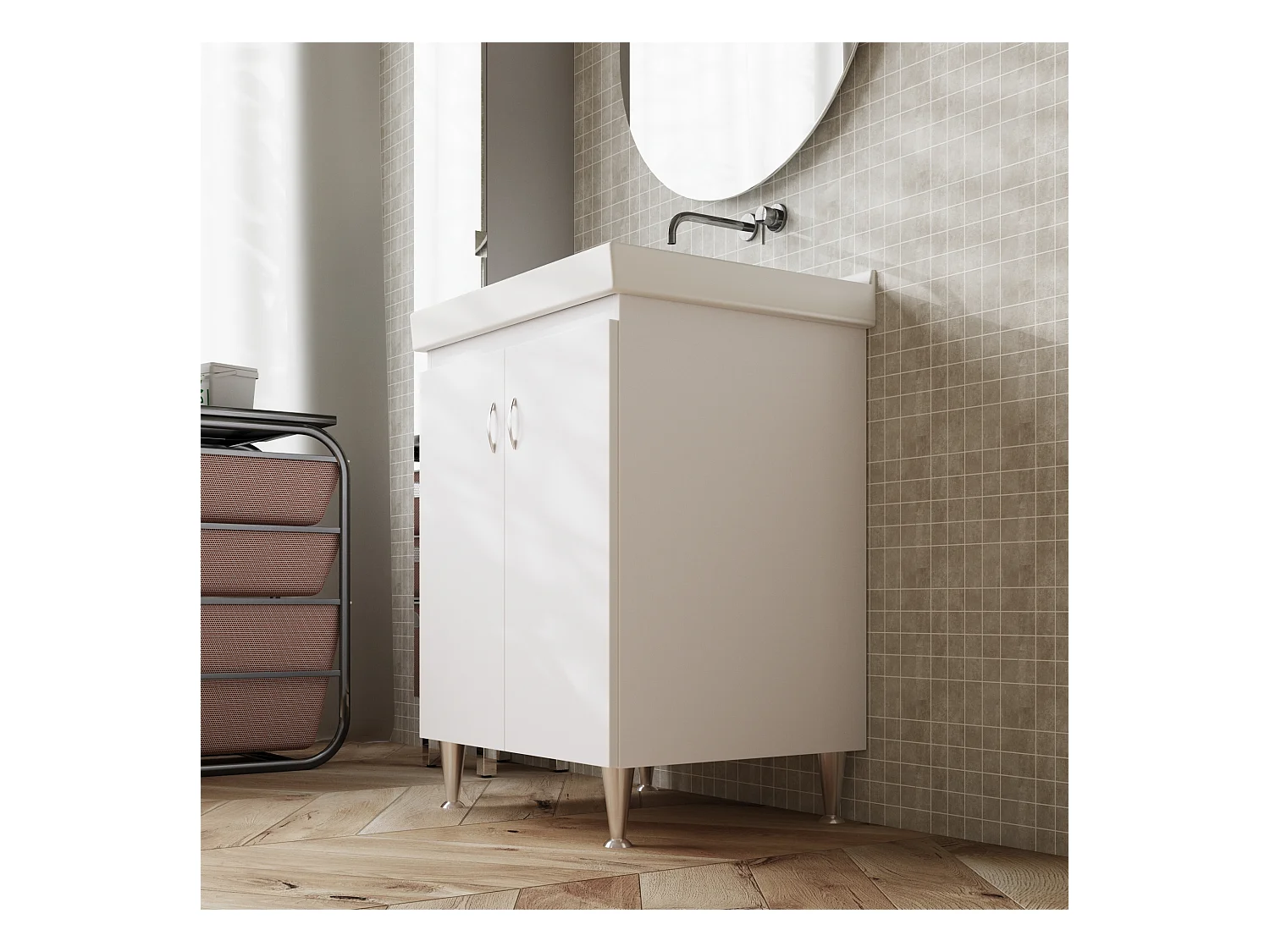 Mobile lavatoio bianco con vasca in ceramica 63X51 - Dyma