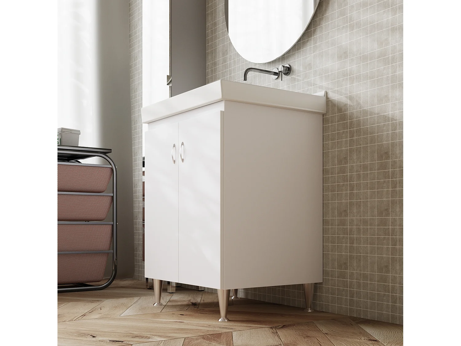 Mobile lavatoio bianco con vasca in ceramica 63X51 - Dyma