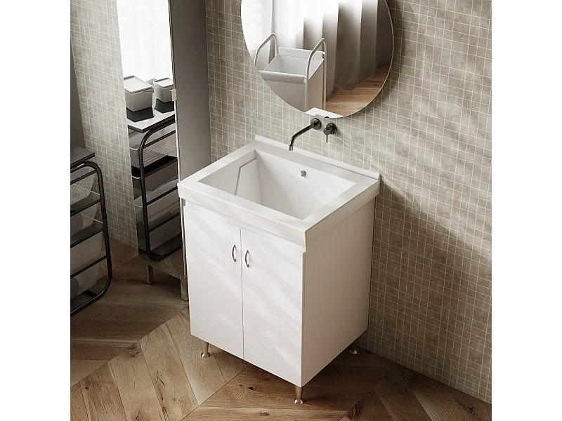 Mobile lavatoio bianco con vasca in ceramica 63X51 - Dyma
