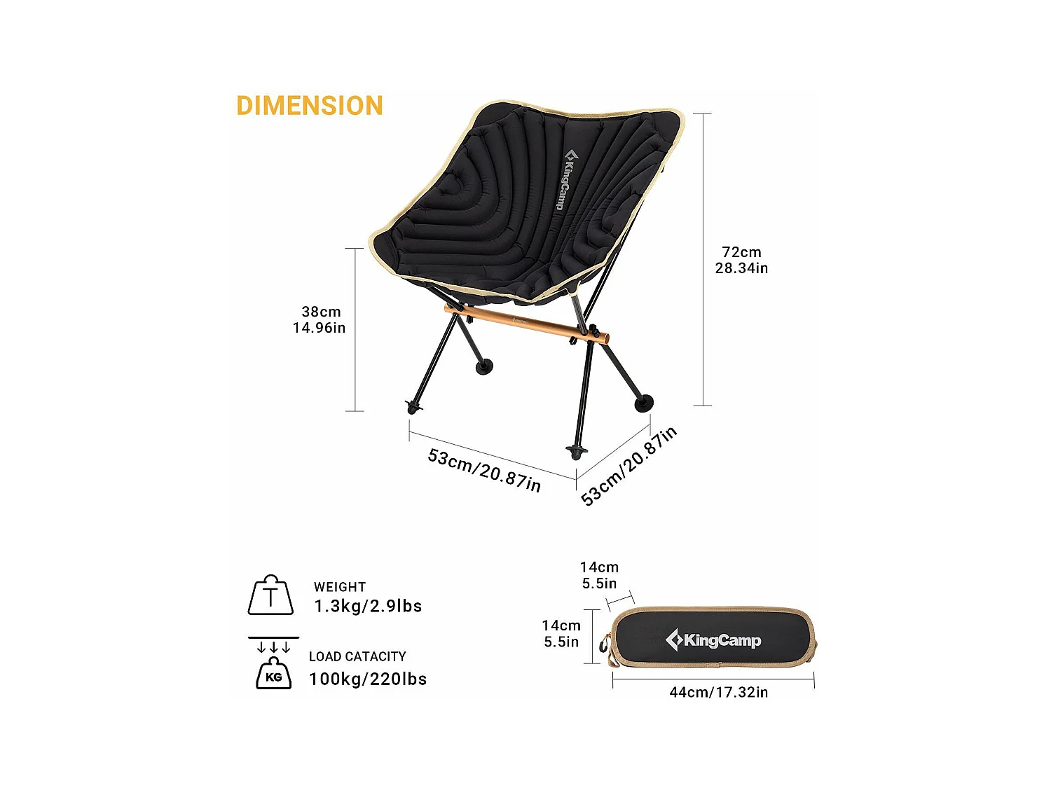 Kingcamp Opblaasbare campingstoel - - Zwart - Inclusief draagtas