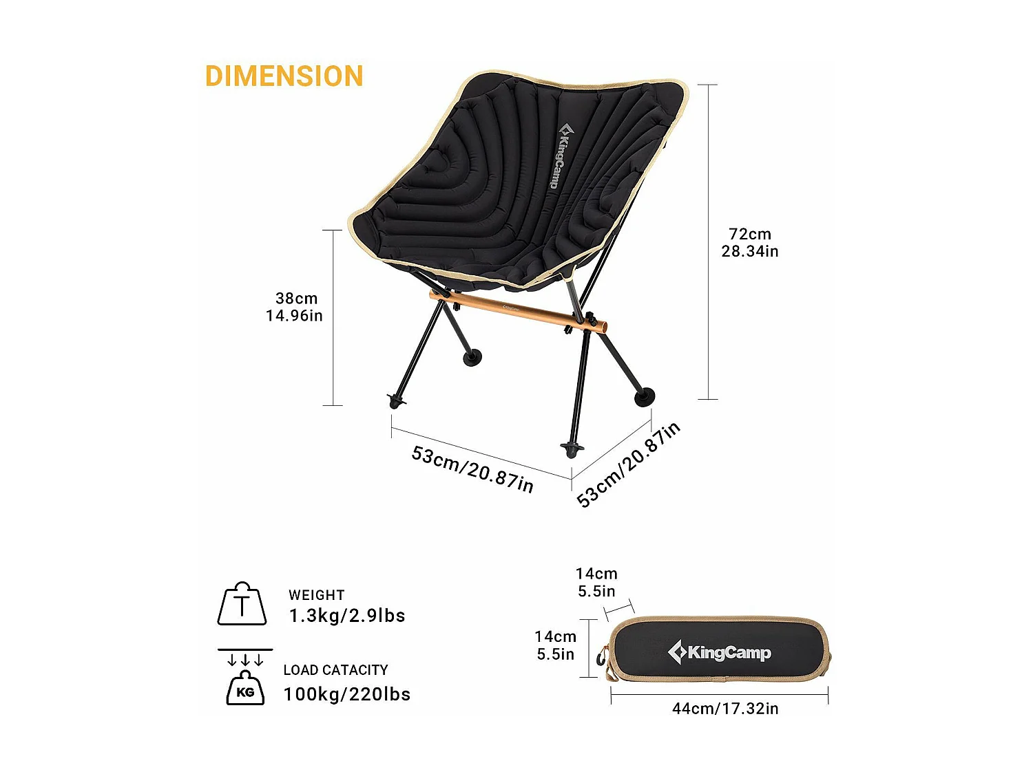 Chaise de camping gonflable - Kingcamp - Noir - Sac de transport inclus