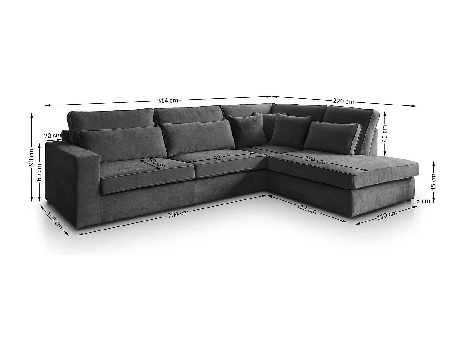 CANAPE Parma sans fonction sommeil gris foncé gauche
