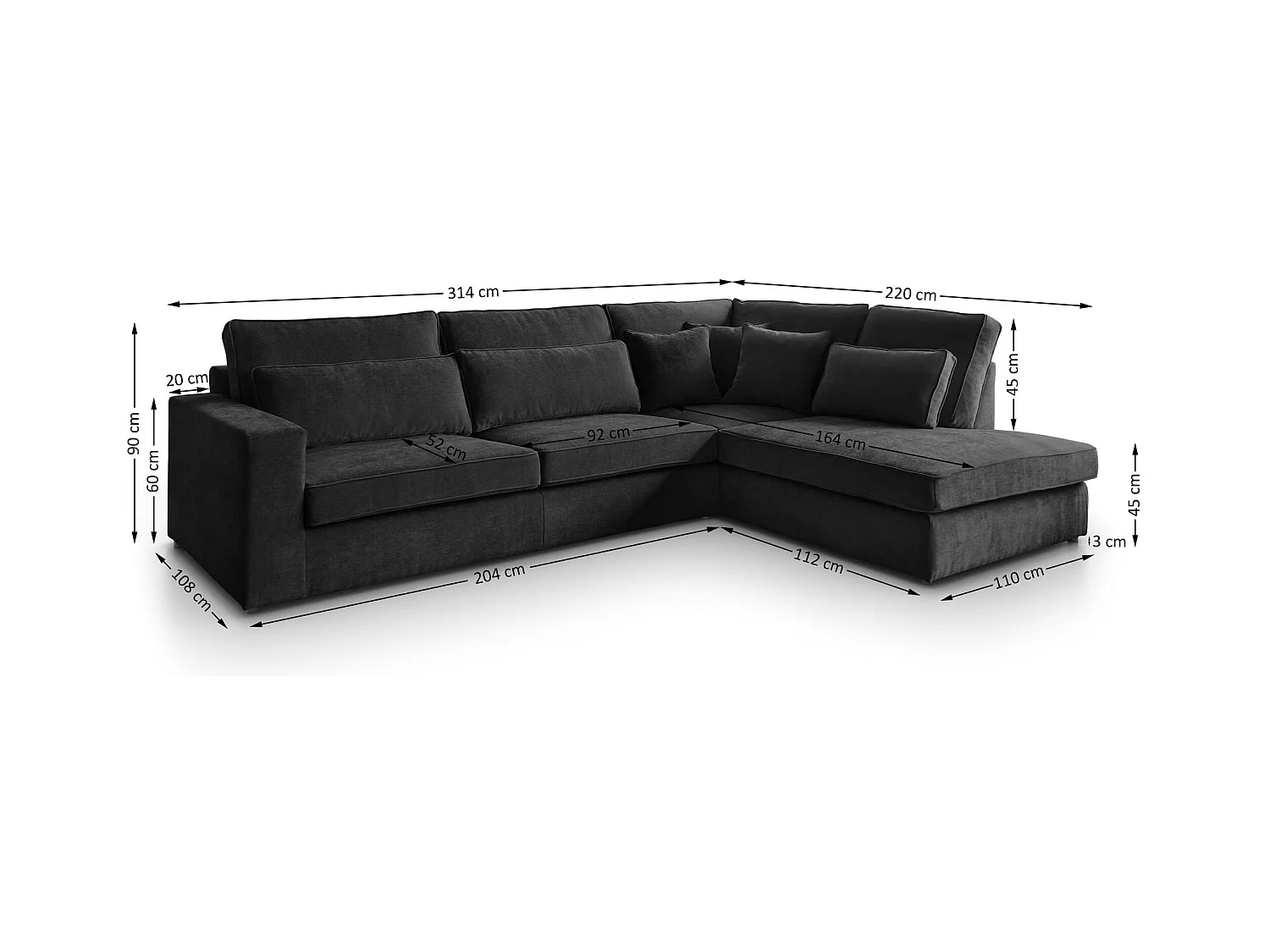 CANAPE Parma sans fonction sommeil noir gauche