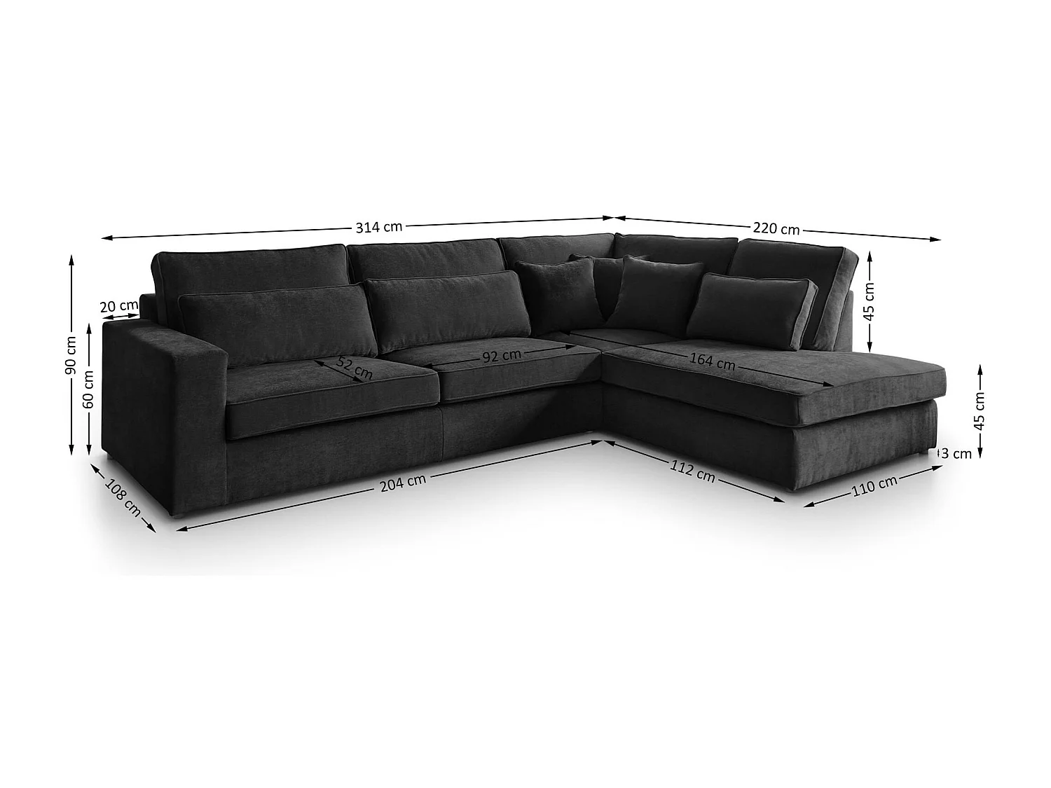 ECKSOFA Parma ohne Schlaffunktion schwarz links