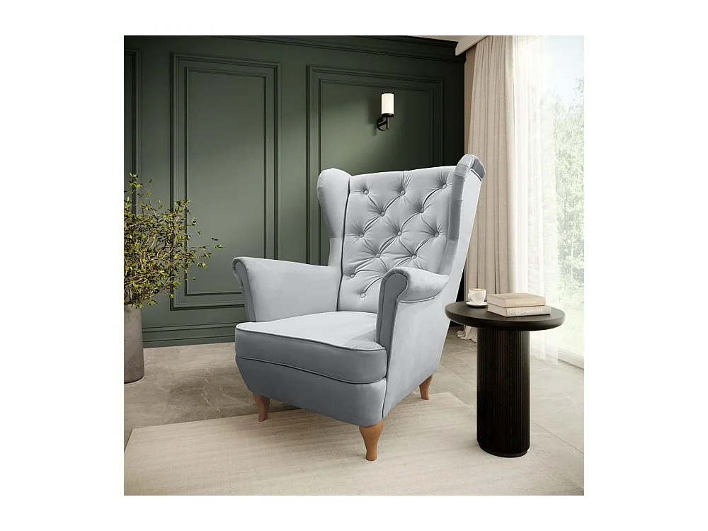 CHESTERFIELD-SESSEL Falco hellgrau mit Holzbeinen