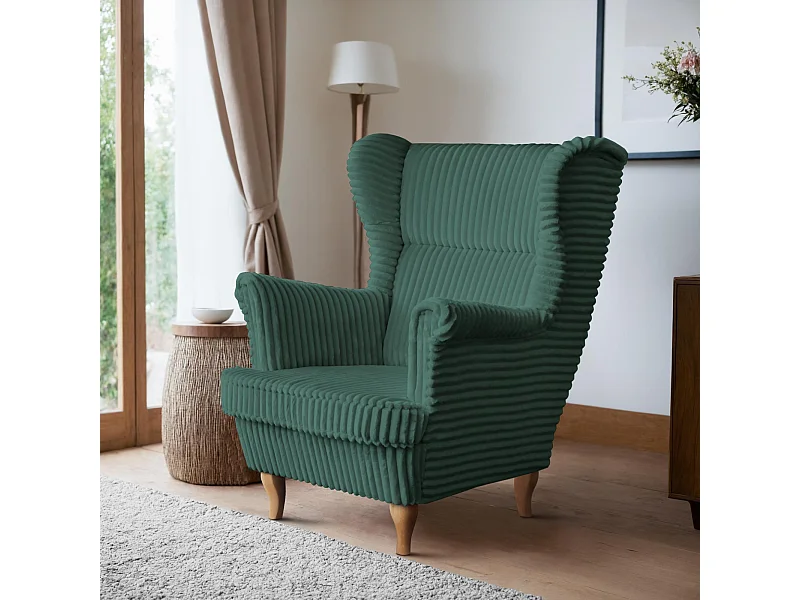 RELAXSESSEL Felix Grün mit Buchenbeinen Cordstoff