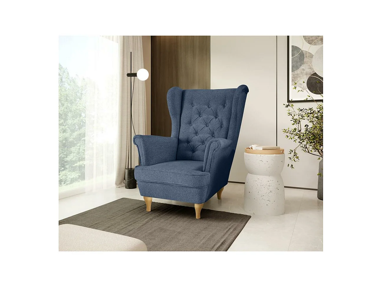 CHESTERFIELD-SESSEL Falco dunkelblau mit Buche Holzbeinen