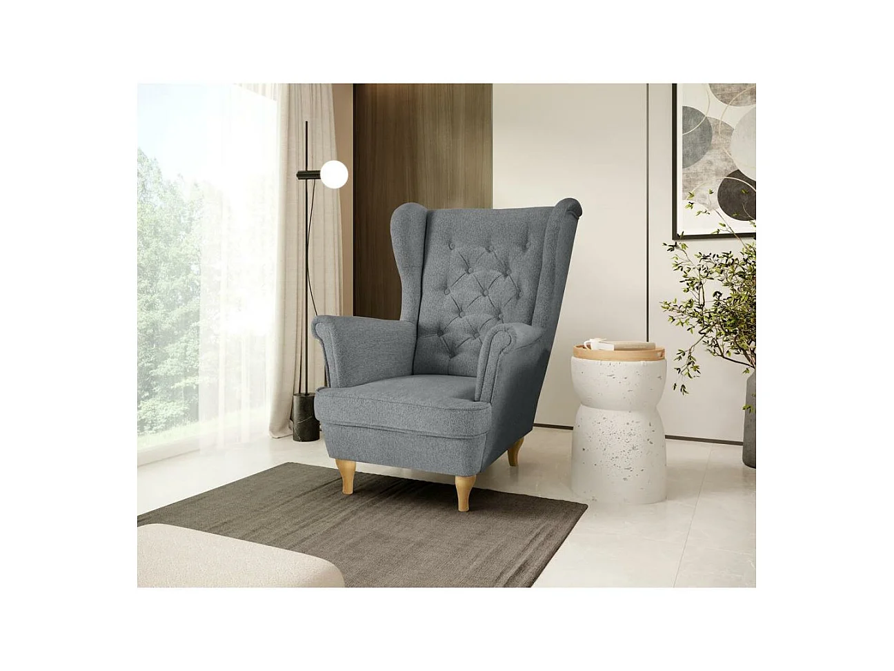CHESTERFIELD-FAUTEUIL Falco gris avec pieds en bois de hêtre