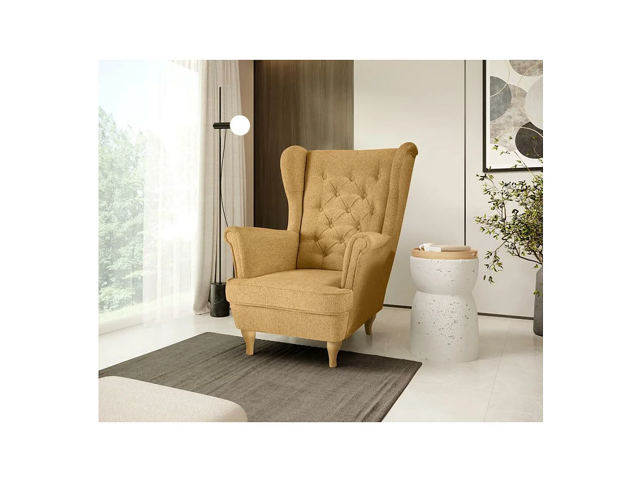 CHESTERFIELD-FAUTEUIL Falco jaune avec pieds en bois de hêtre