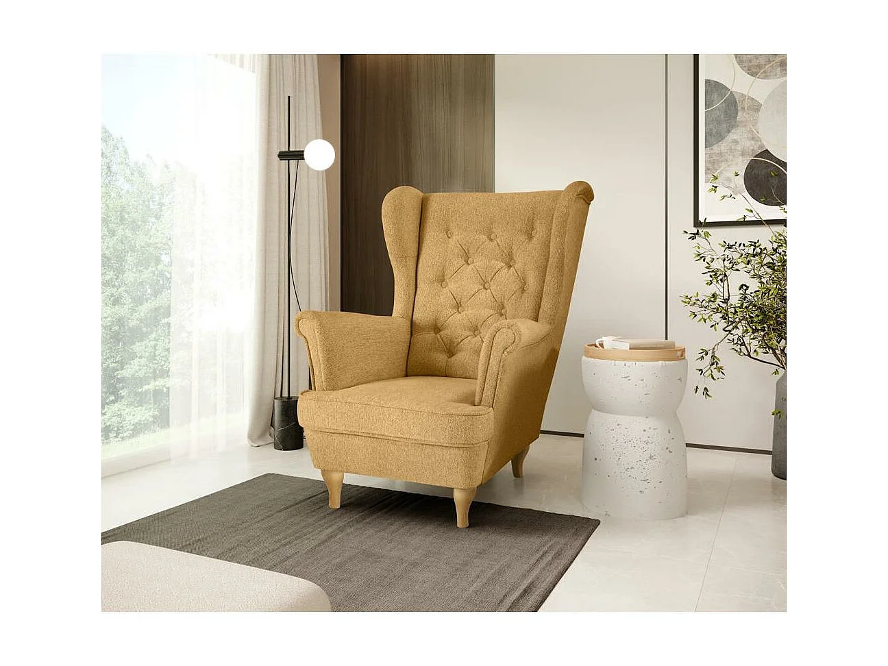 CHESTERFIELD-FAUTEUIL Falco jaune avec pieds en bois de hêtre