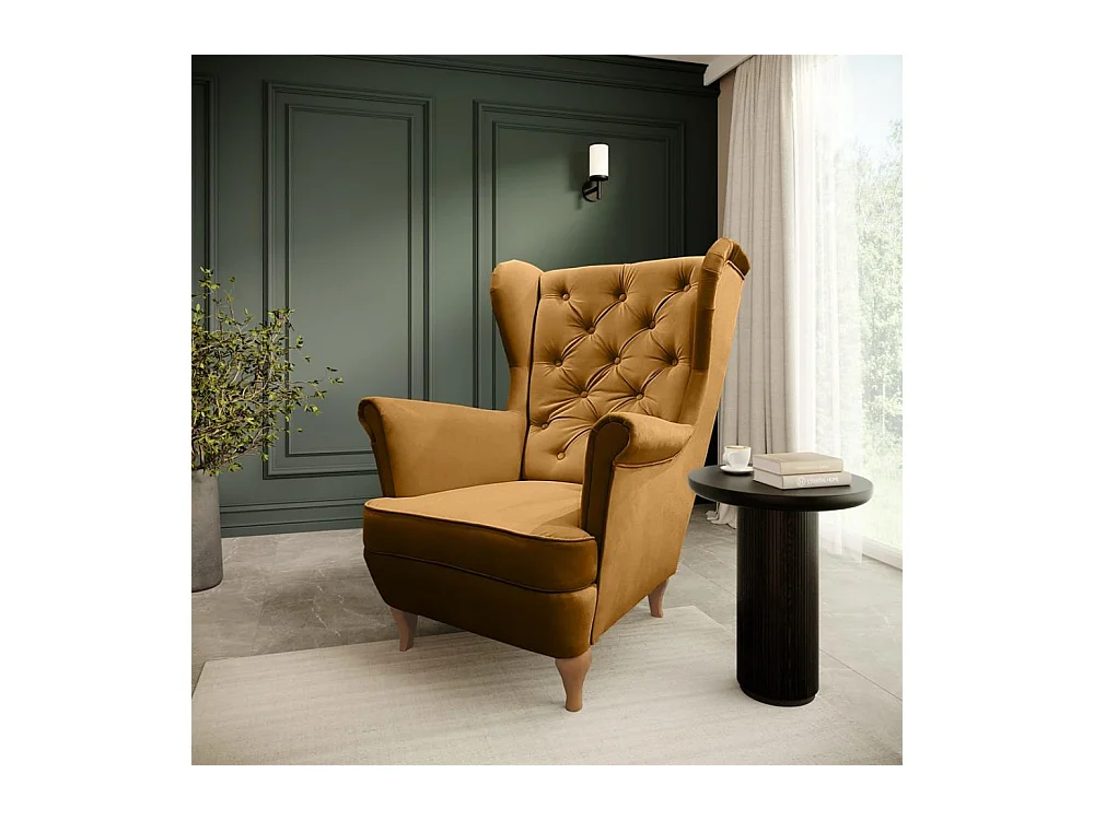 CHESTERFIELD-SESSEL Falco gelb mit Holzbeinen