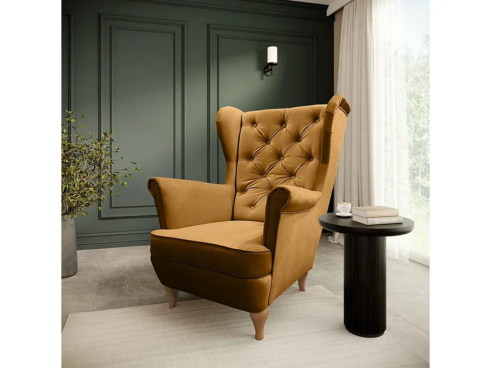 CHESTERFIELD-SESSEL Falco gelb mit Holzbeinen