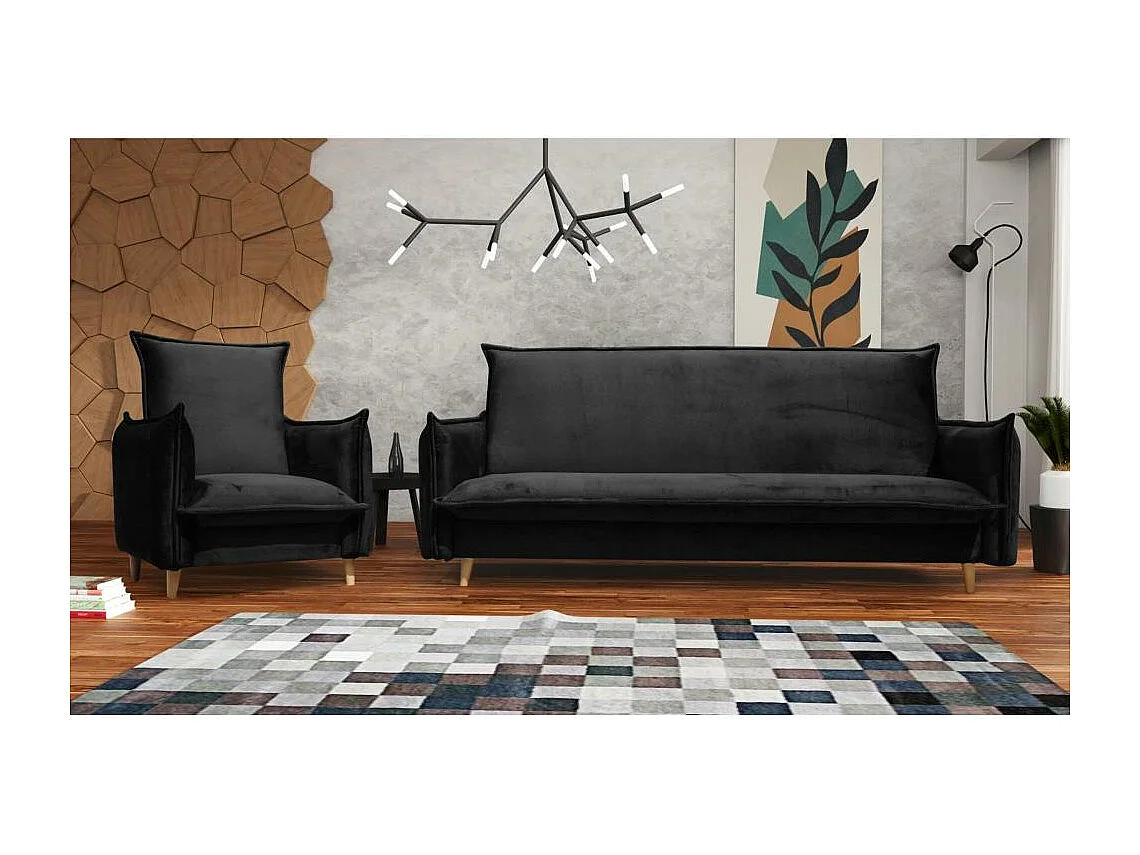 FAUTEUIL RELAX Pillow noir avec pieds en hêtre