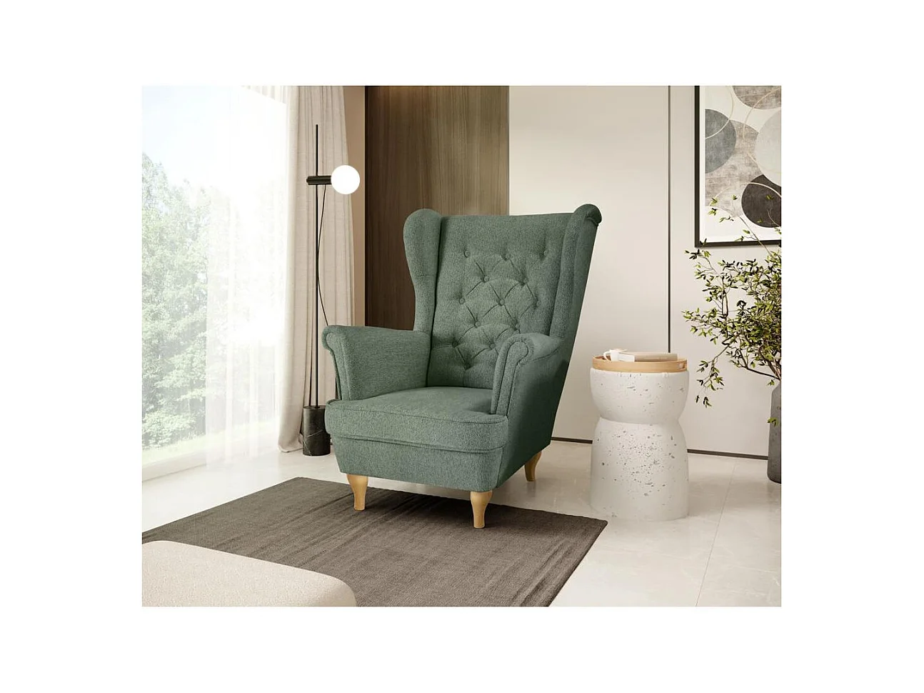 CHESTERFIELD-FAUTEUIL Falco vert avec pieds en bois de hêtre