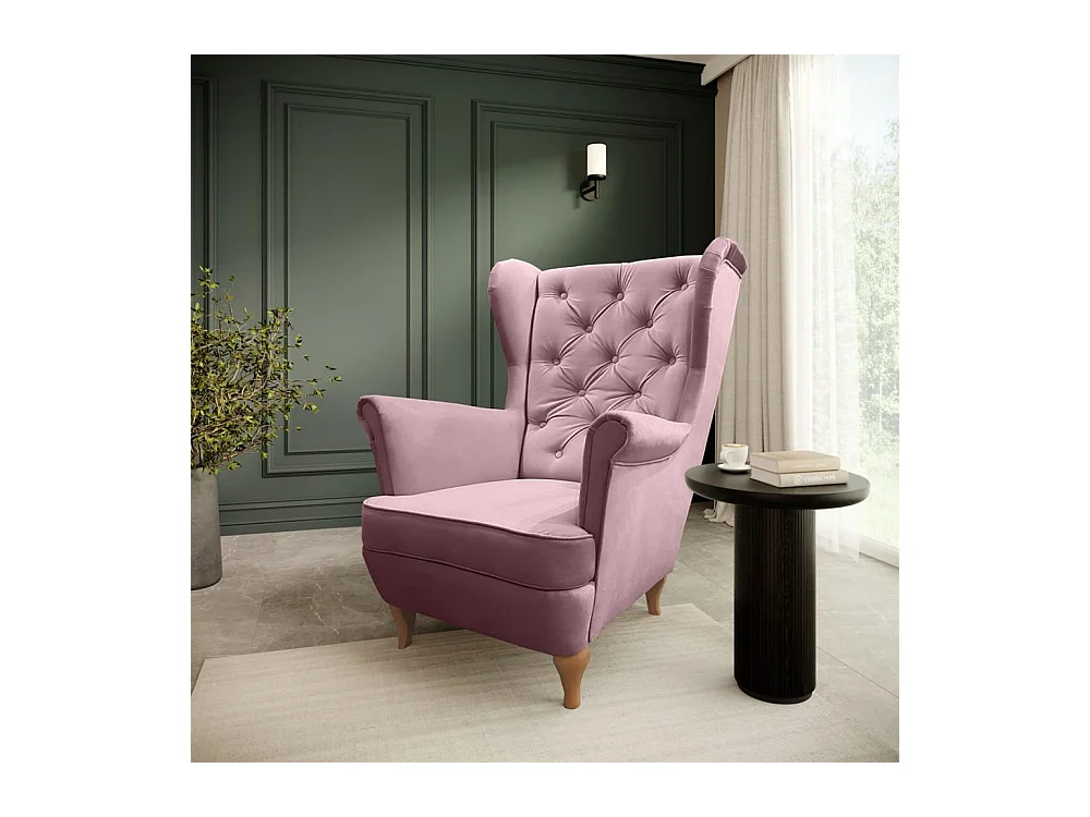 CHESTERFIELD-SESSEL Falco rosa mit Holzbeinen