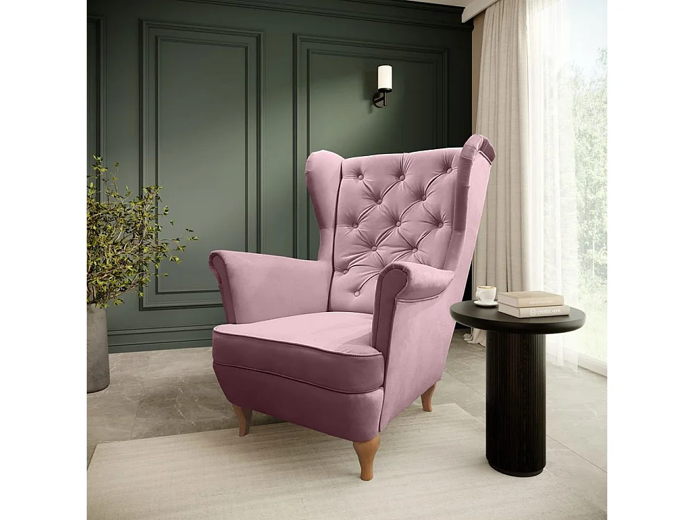 CHESTERFIELD-SESSEL Falco rosa mit Holzbeinen