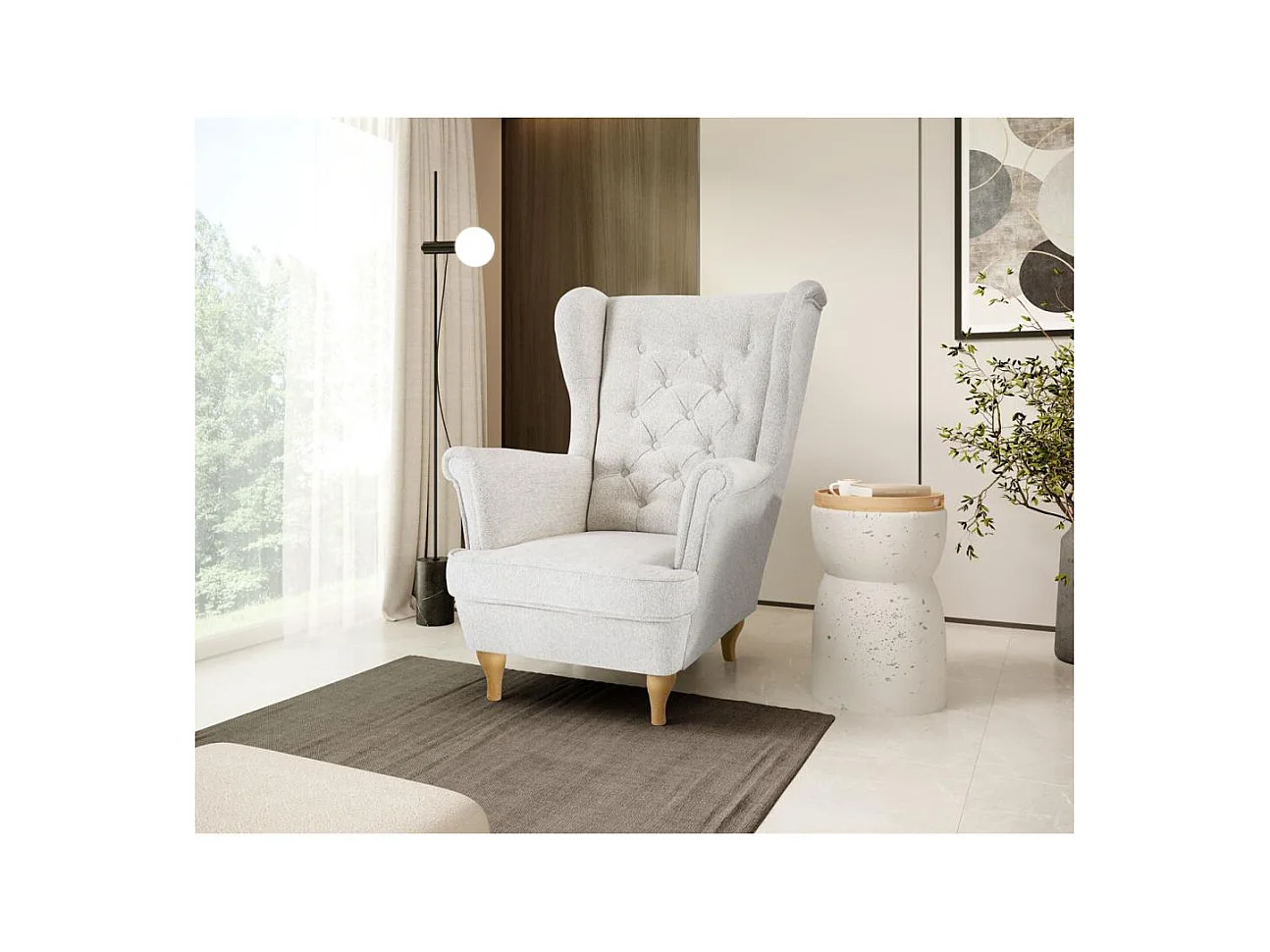 CHESTERFIELD-FAUTEUIL Falco beige avec pieds en bois de hêtre