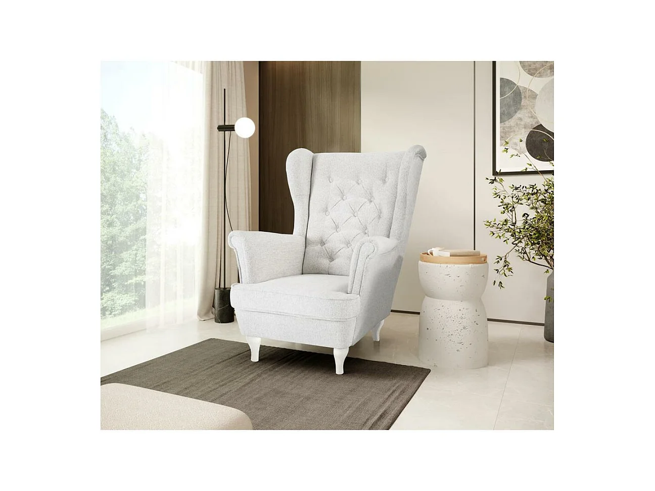 CHESTERFIELD-FAUTEUIL Falco beige clair avec pieds en bois blanc