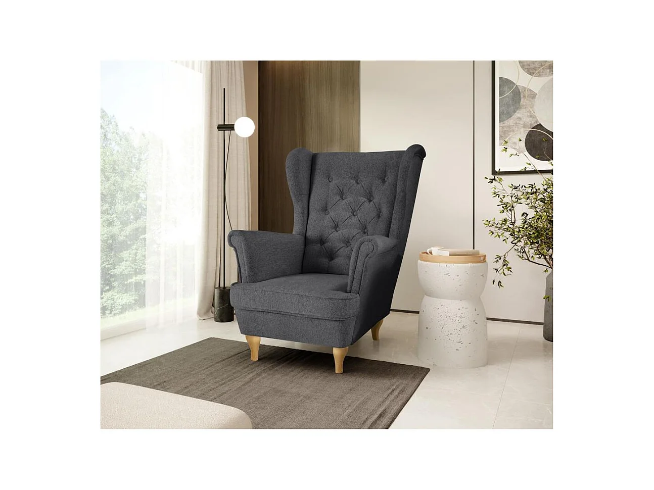 CHESTERFIELD-FAUTEUIL Falco gris foncé avec pieds en bois de hêtre