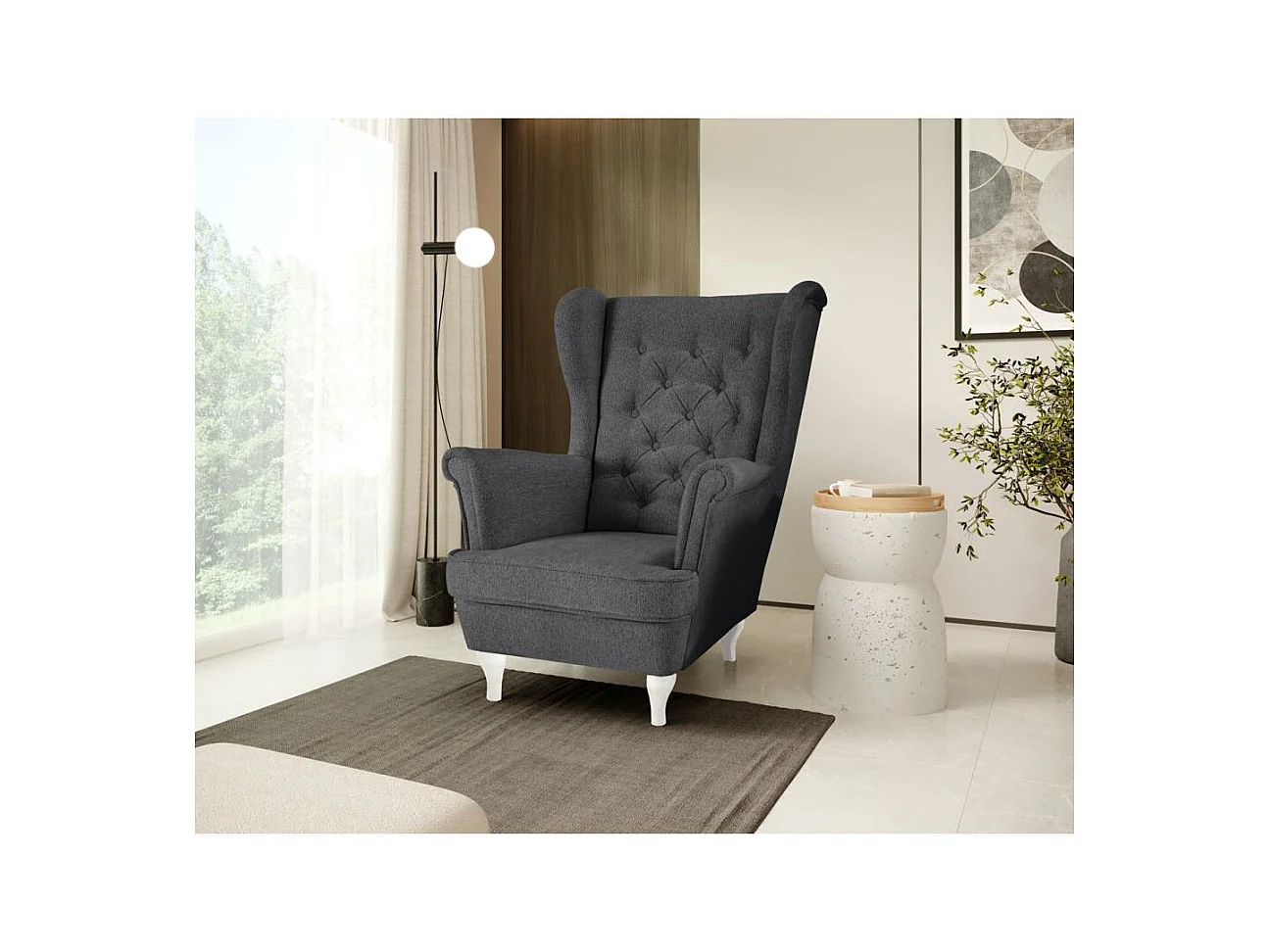 CHESTERFIELD-FAUTEUIL Falco gris foncé avec pieds en bois blanc