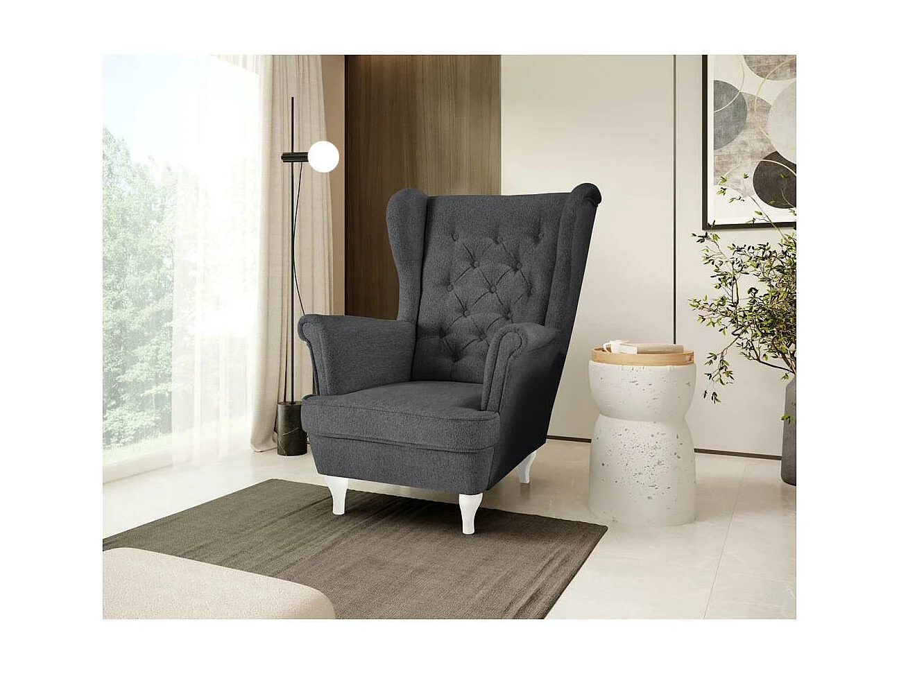 CHESTERFIELD-FAUTEUIL Falco gris foncé avec pieds en bois blanc