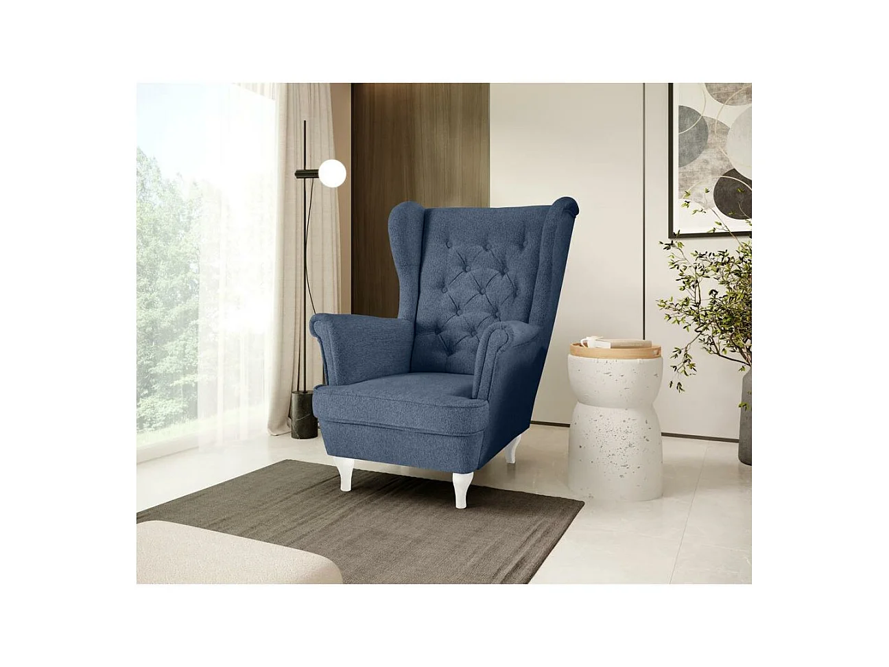 CHESTERFIELD-SESSEL Falco dunkelblau mit Weiß Holzbeinen