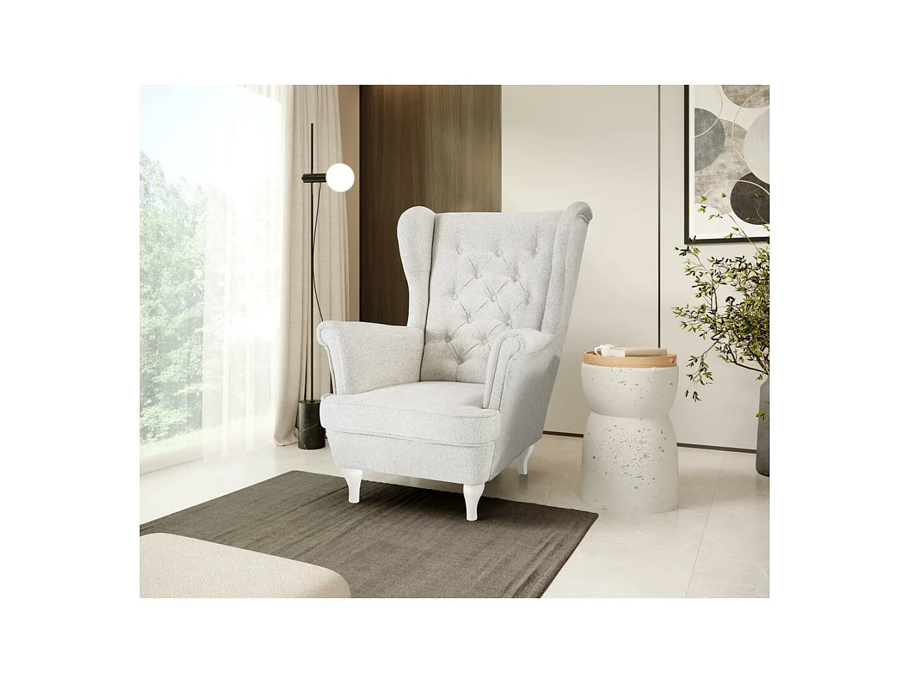 CHESTERFIELD-SESSEL Falco beige mit Weiß Holzbeinen
