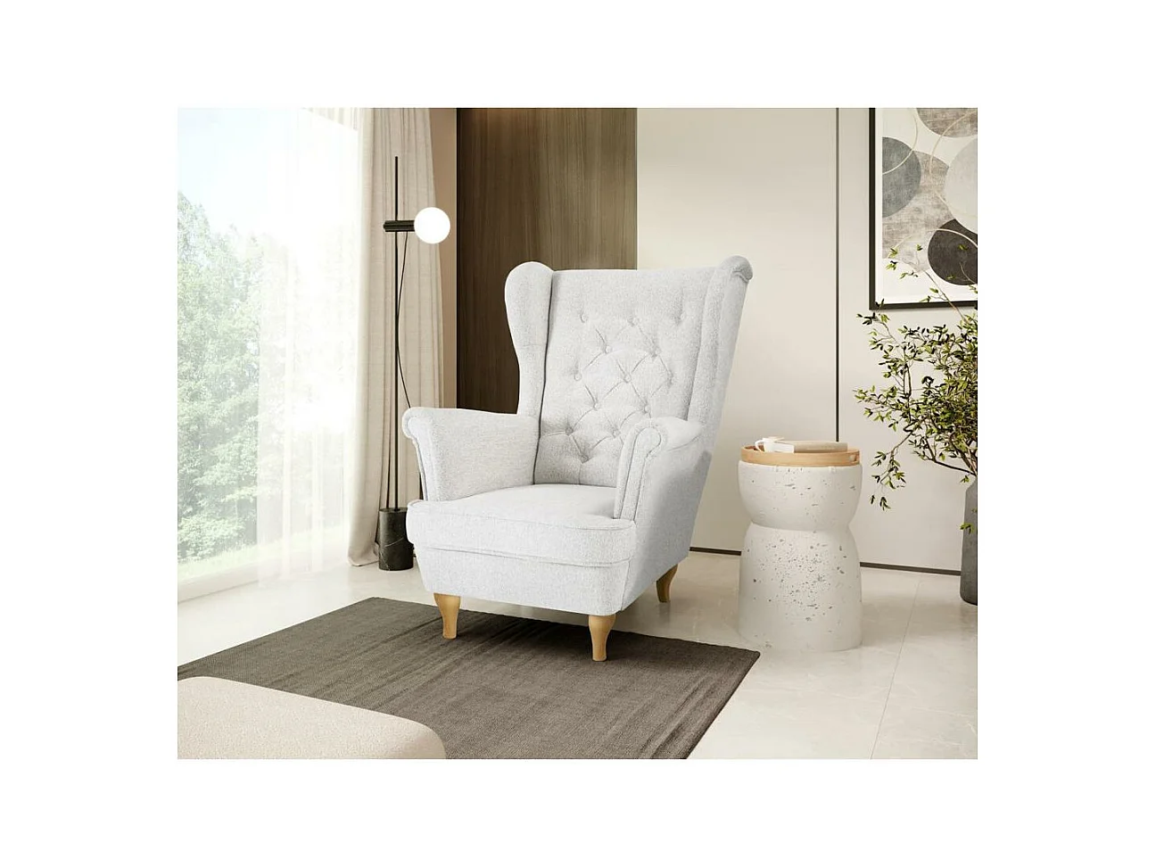 CHESTERFIELD-FAUTEUIL Falco beige clair avec pieds en bois de hêtre