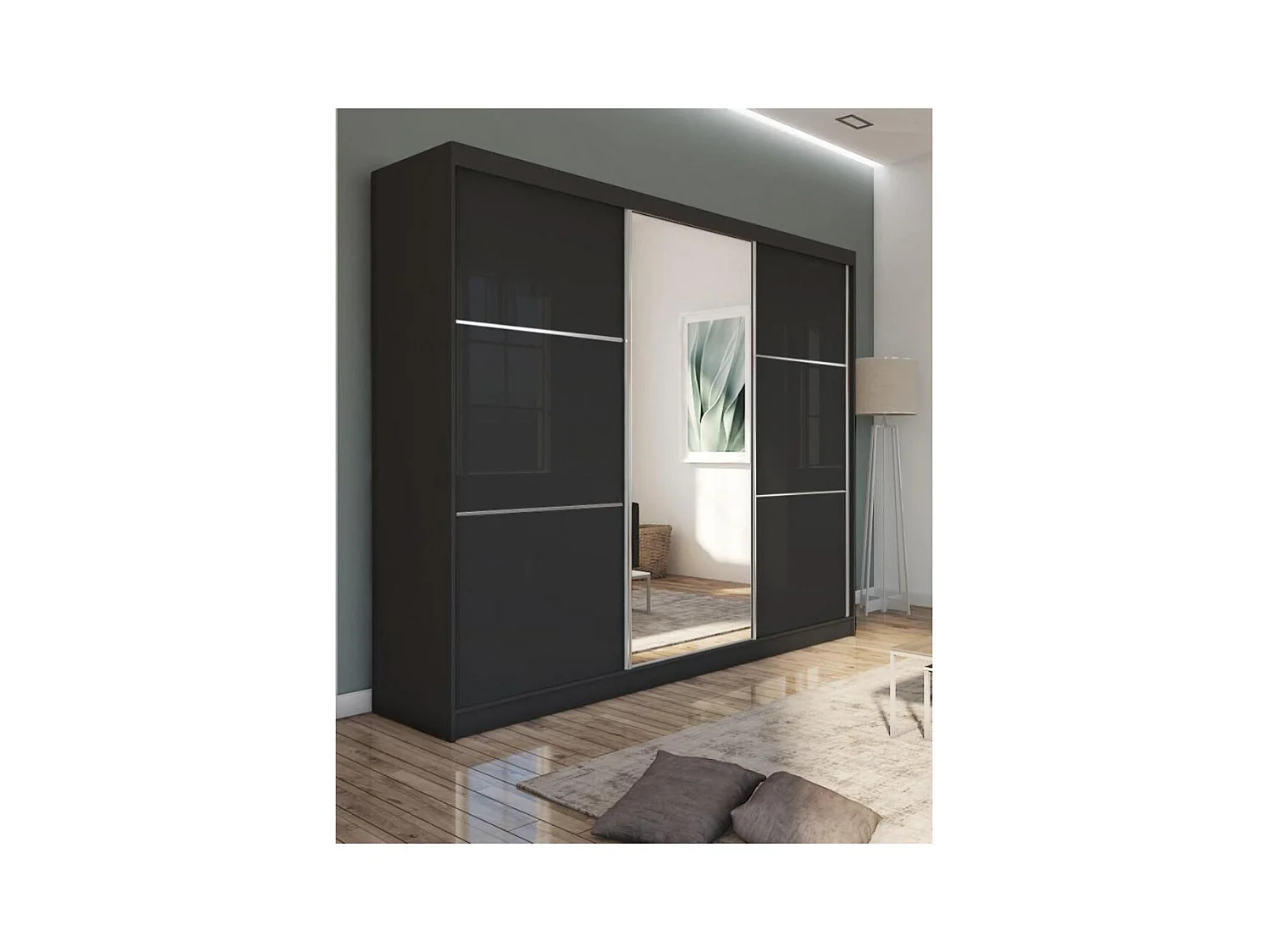 SCHWEBETÜRENSCHRANK Viva 240/216/61 schwarz mit Spiegel und Schubladen