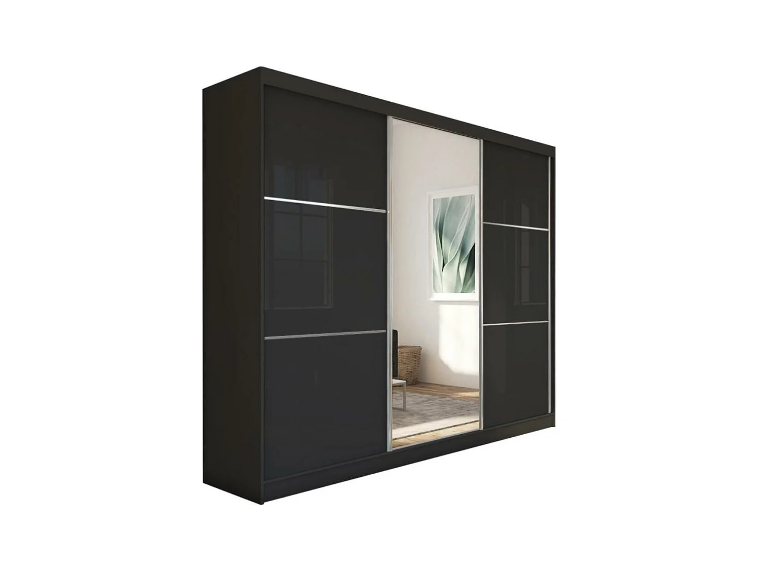 SCHWEBETÜRENSCHRANK Viva 240/216/61 schwarz mit Spiegel und Schubladen