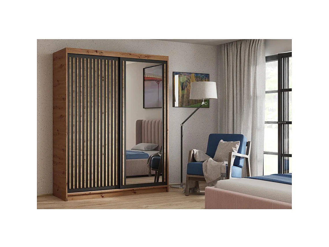 ARMOIRE A PORTES FERMÉES Donatello 120/205/60 2 portes chêne Artisan/noir avec miroir