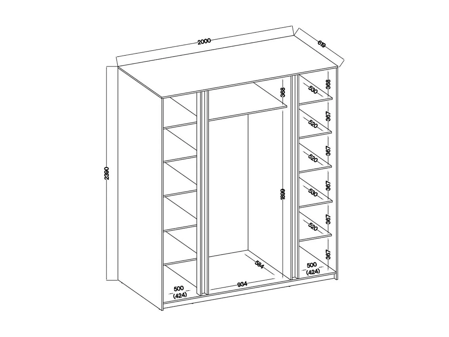 ARMOIRE A PORTES TROIS Kaya 200/62/239 4 portes avec deux miroirs